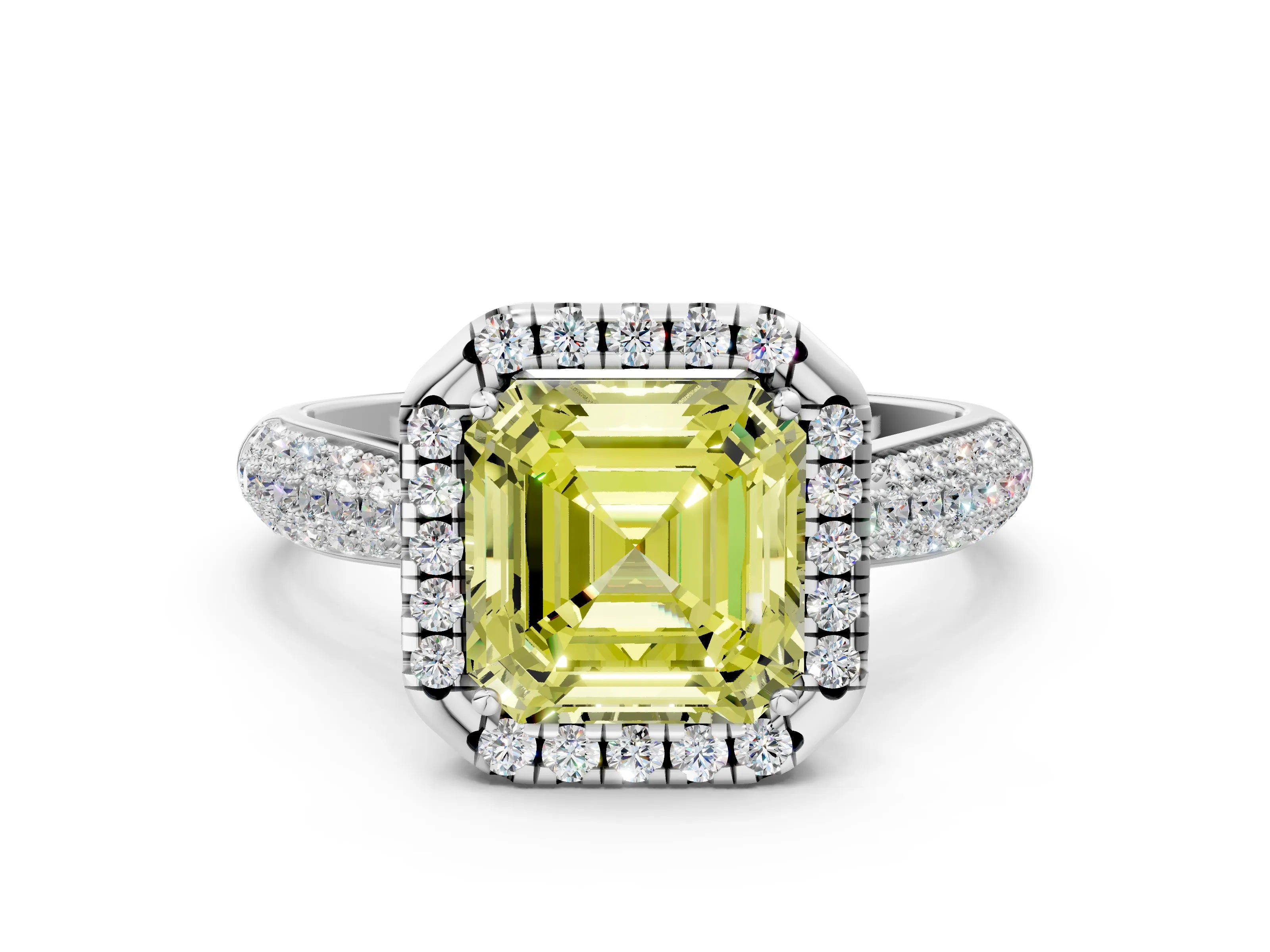 White gold Fancy Yellow Asscher Cut Halo Diamond Ring with Pavé Band