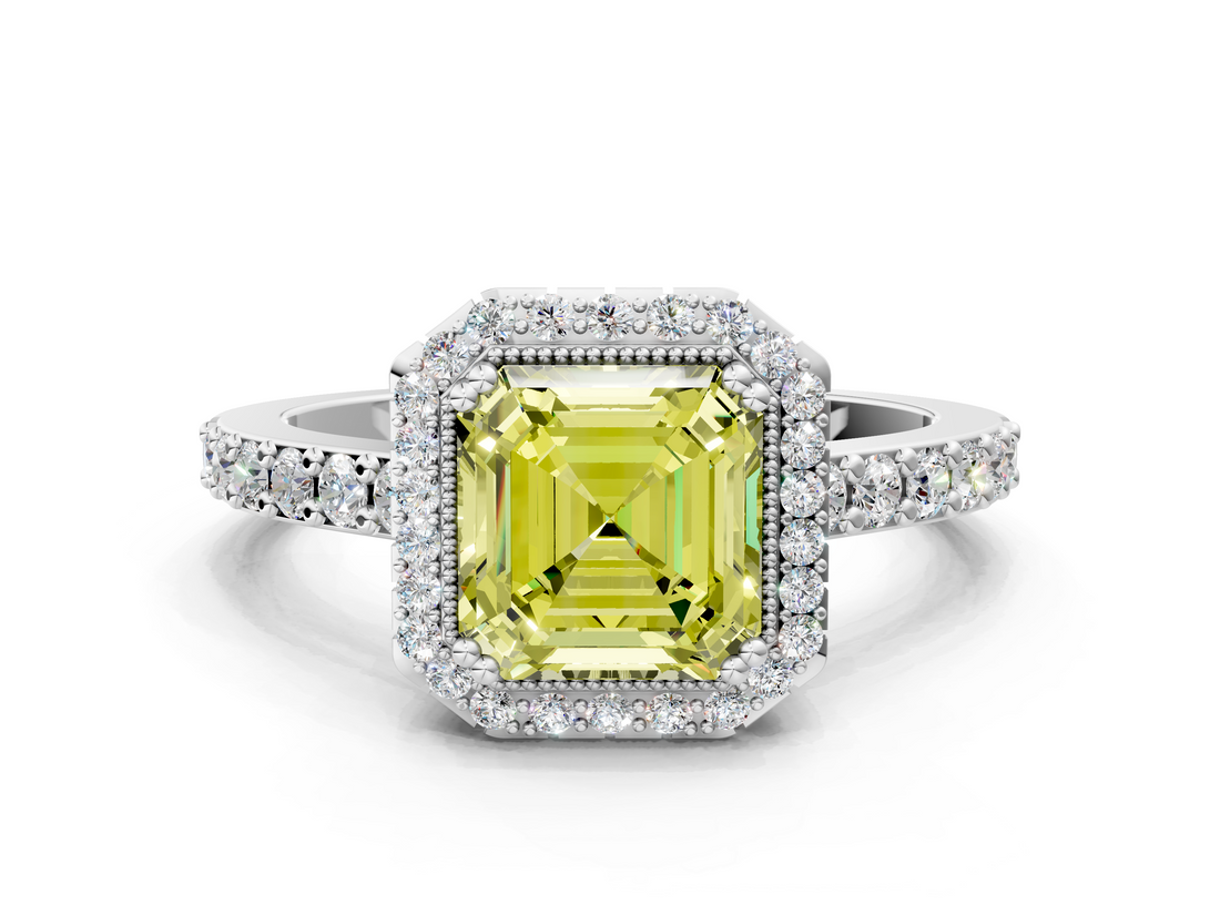 White gold Fancy Yellow Asscher  Cut Halo Diamond Ring with Pave Band and Four-Prong Setting_17