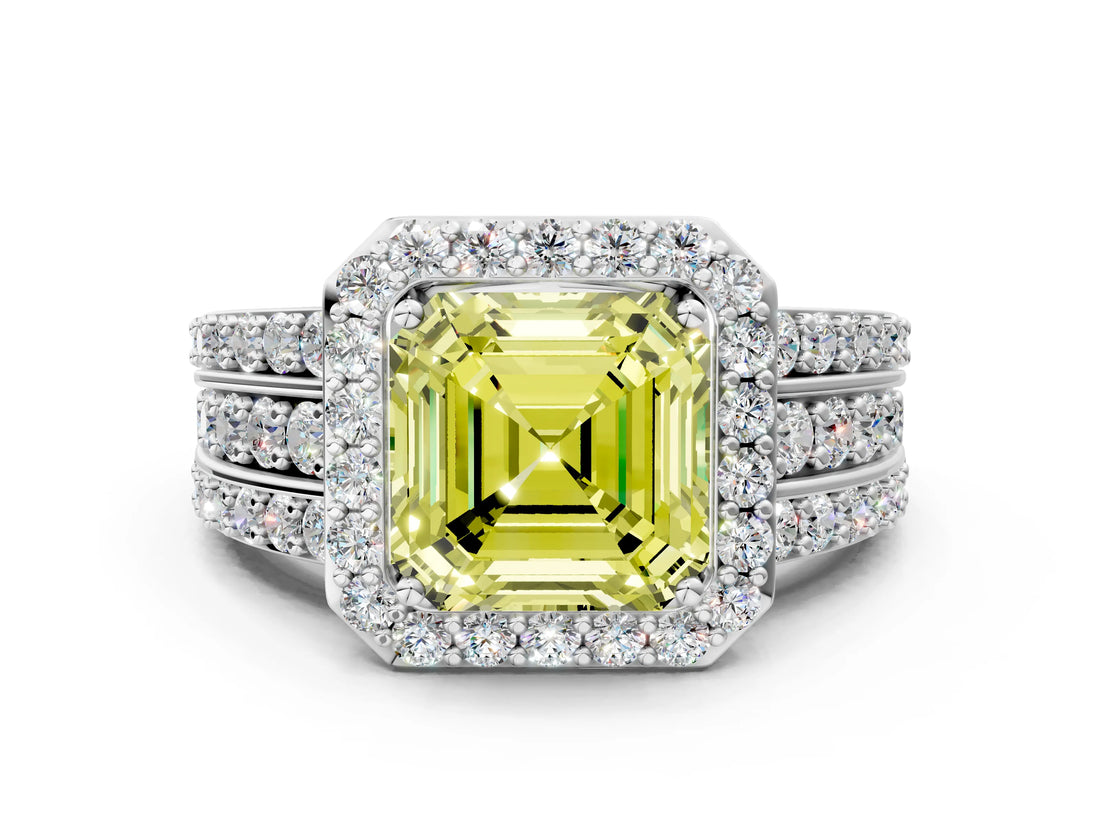 White gold Fancy Yellow Asscher Cut Halo Diamond Ring with Round  Split Shank and Prong Setting_92