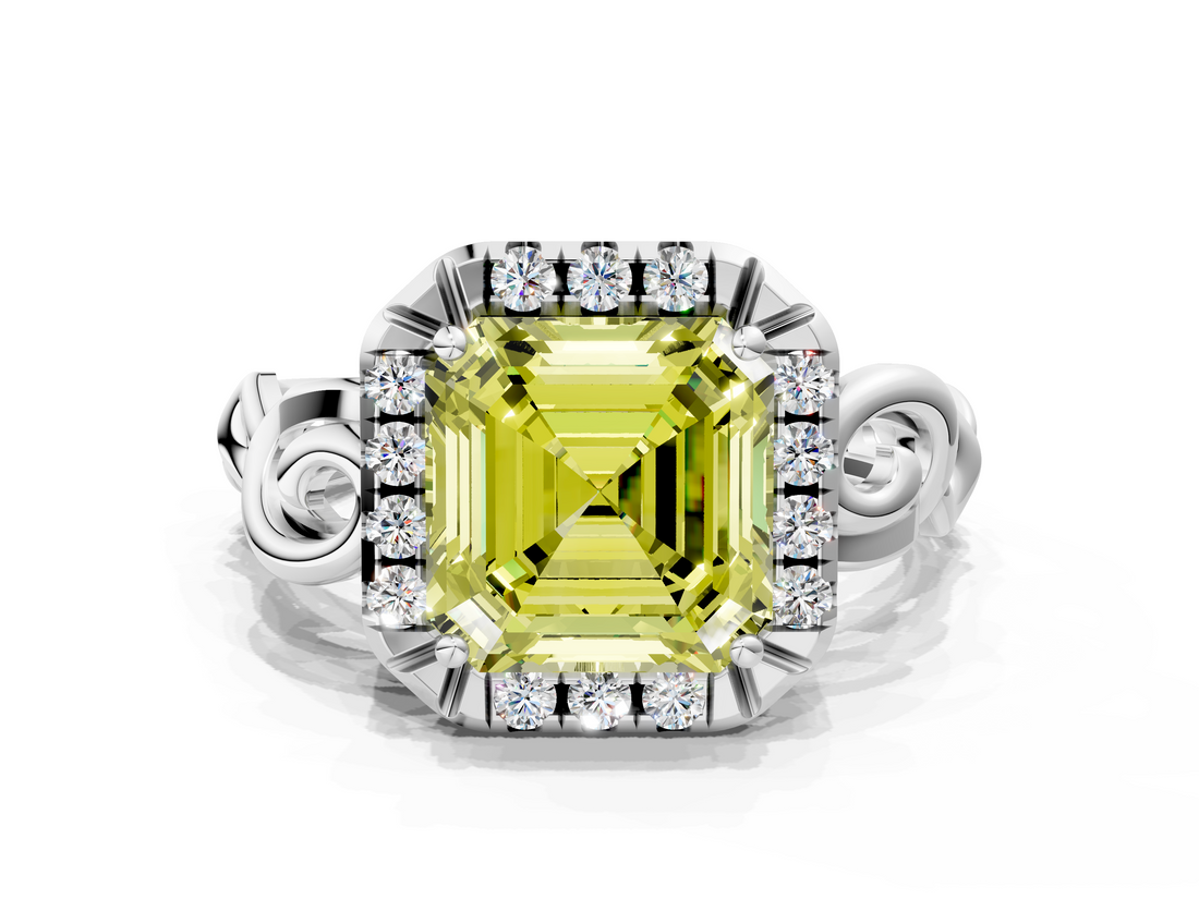 White gold Fancy Yellow Asscher  Cut Halo Diamond Ring with Scrollwork Band and Four-Prong Setting