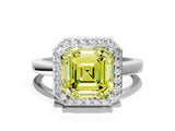 White gold Fancy Yellow Asscher Cut Halo Diamond Ring with Solitaire Band and Prong Setting