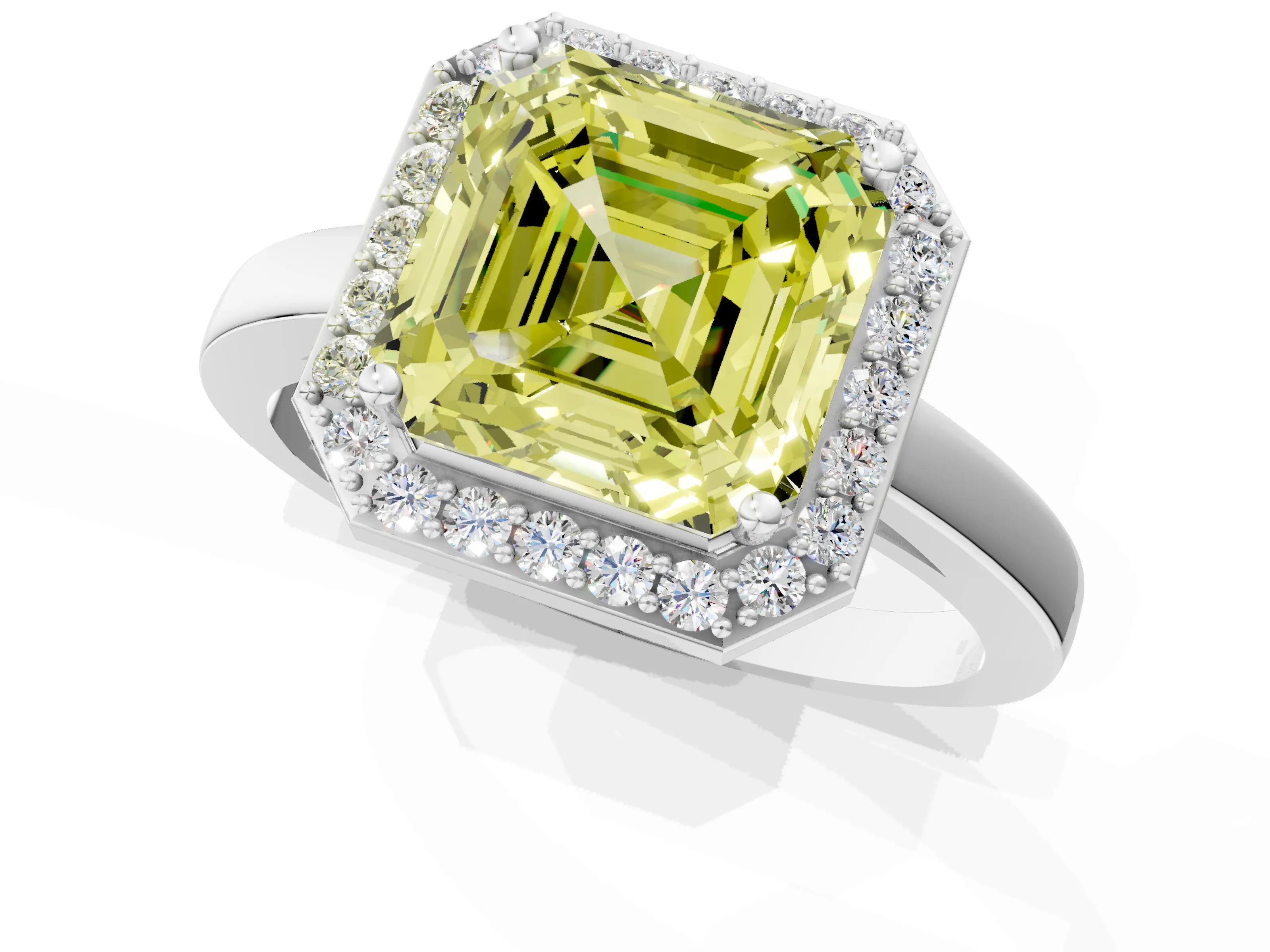 White gold Fancy Yellow Asscher Cut Halo Diamond Ring with Solitaire Band and Prong Setting_1