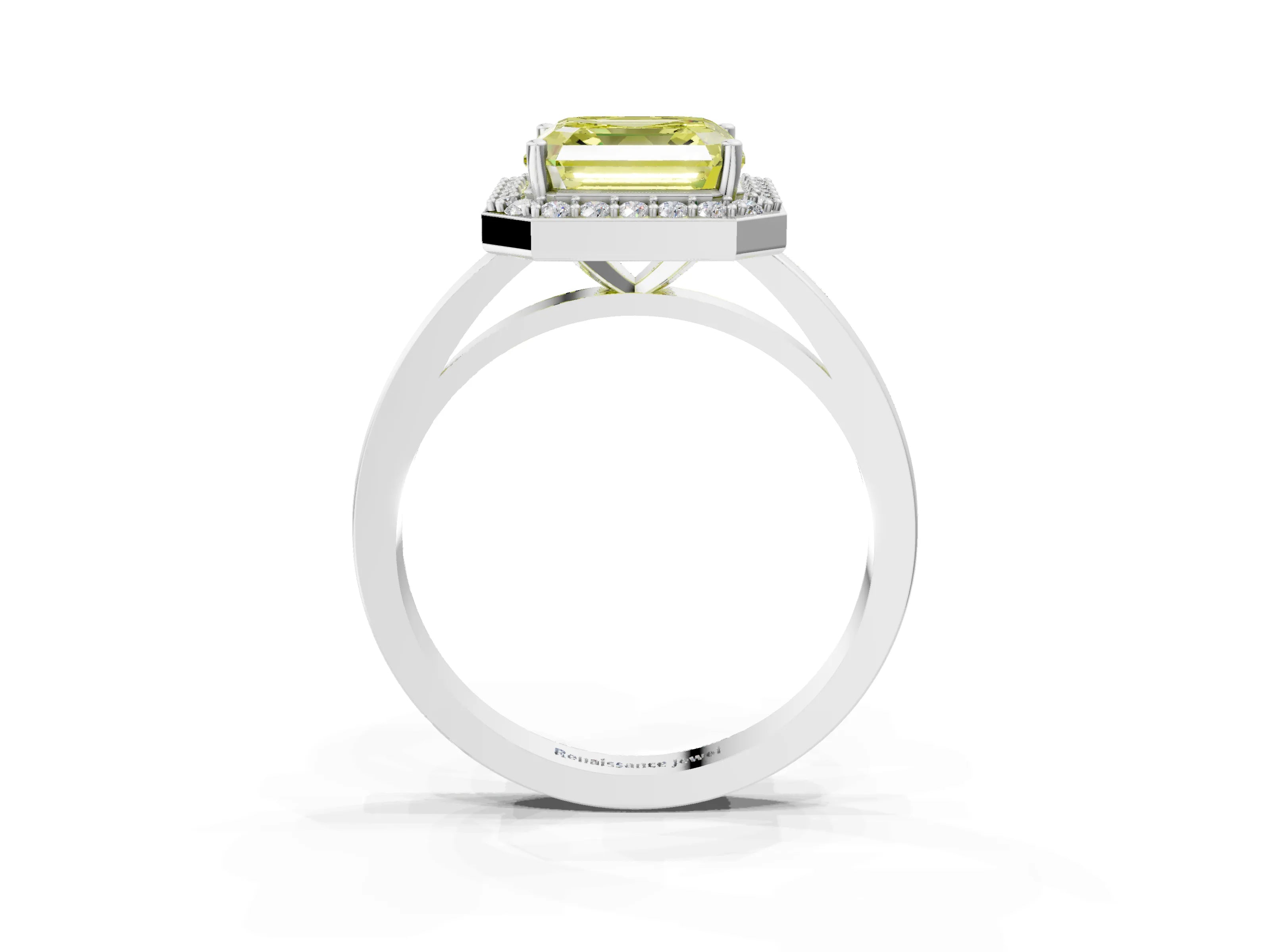 White gold Fancy Yellow Asscher Cut Halo Diamond Ring with Solitaire Band and Prong Setting_3