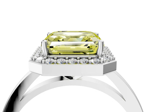 White gold Fancy Yellow Asscher Cut Halo Diamond Ring with Solitaire Band and Prong Setting_4