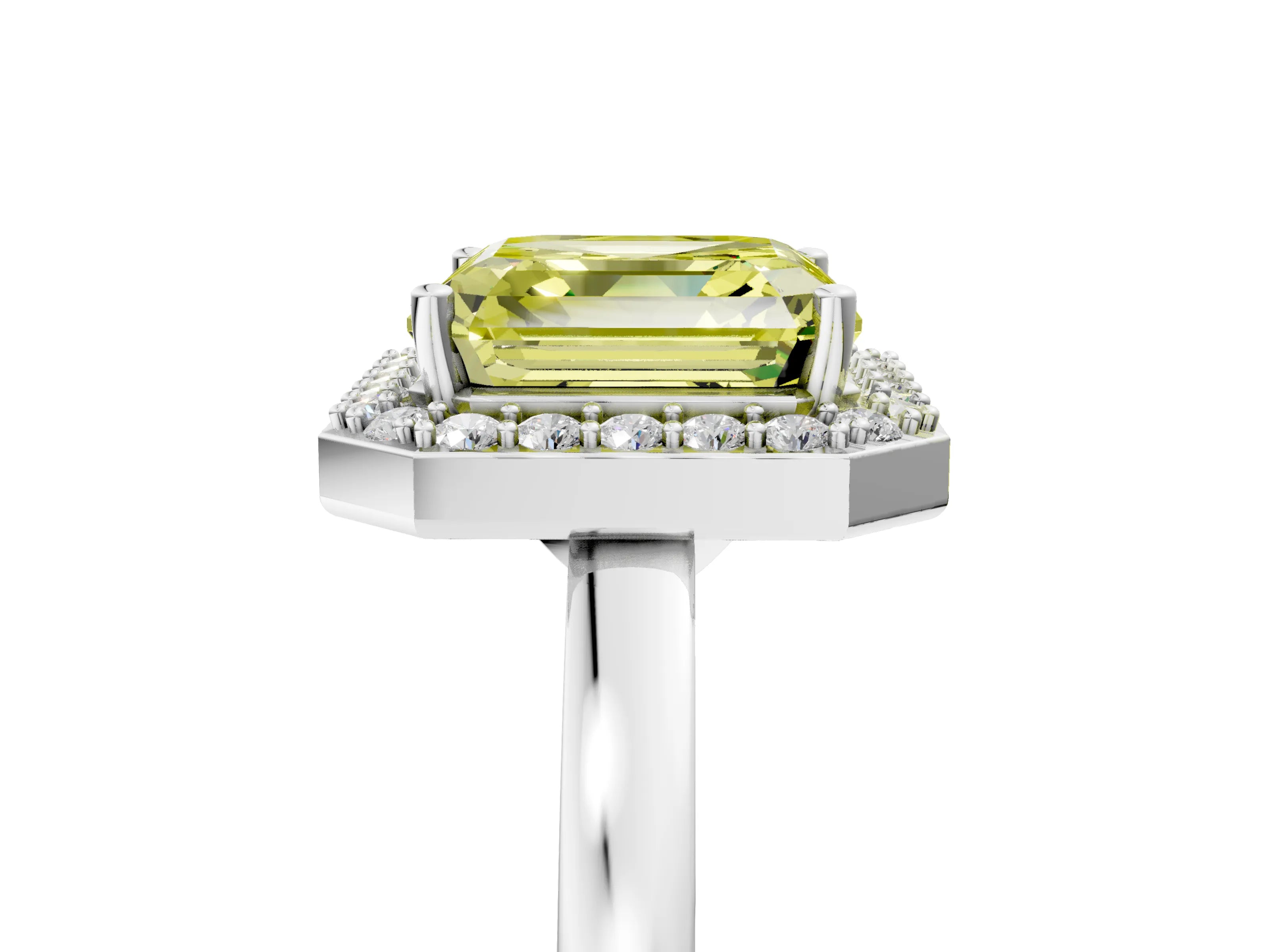 White gold Fancy Yellow Asscher Cut Halo Diamond Ring with Solitaire Band and Prong Setting_5