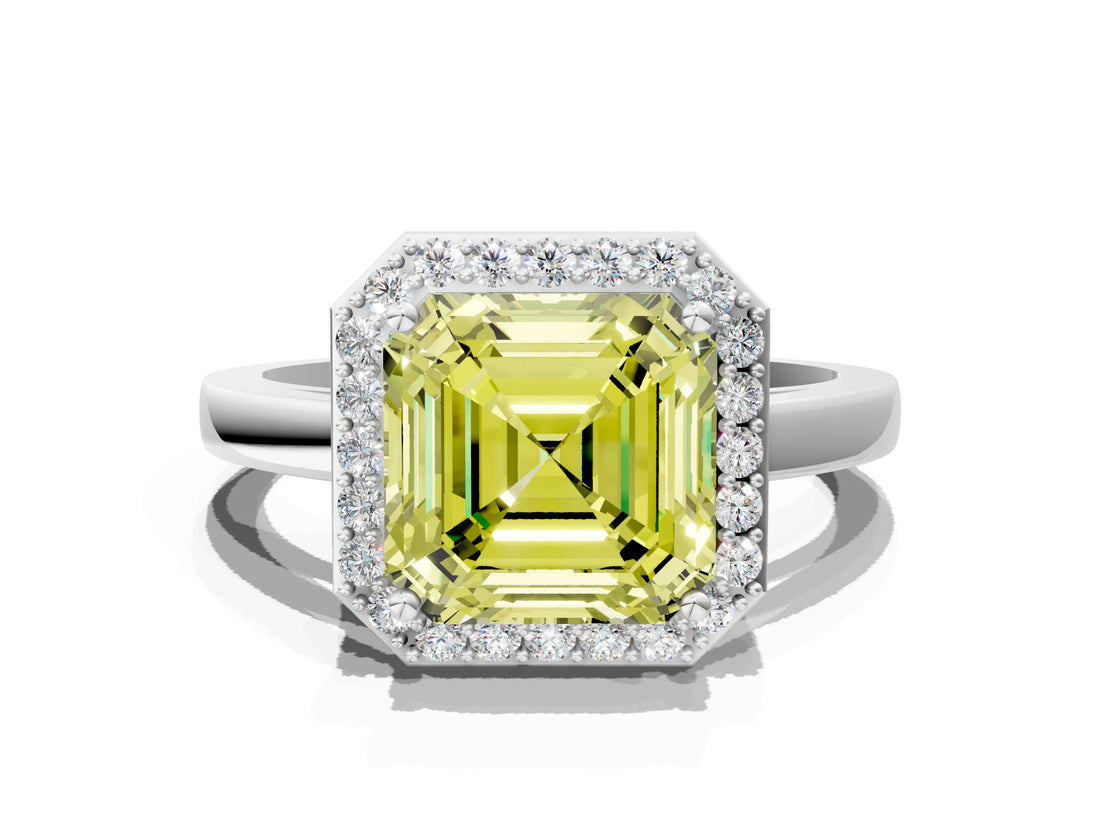 White gold Fancy Yellow Asscher Cut Halo Diamond Ring with Solitaire Band and Prong Setting