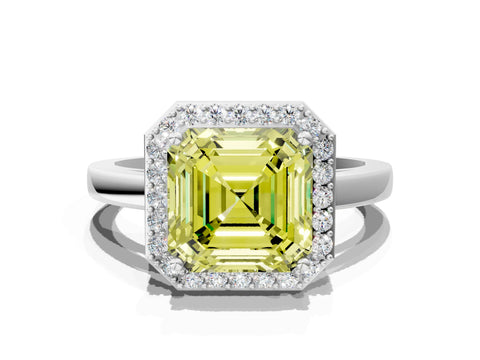 White gold Fancy Yellow Asscher Cut Halo Diamond Ring with Solitaire Band and Prong Setting