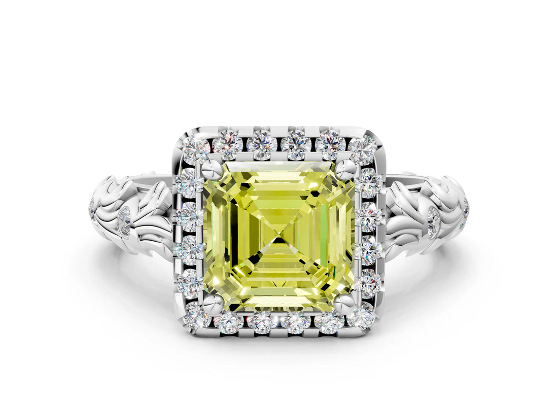 White gold Fancy Yellow Asscher Cut Halo Diamond Solitaire with Filigree Band and Four-Prong Setting