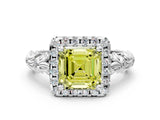 White gold Fancy Yellow Asscher Cut Halo Diamond Solitaire with Filigree Band and Four-Prong Setting