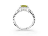 White gold Fancy Yellow Asscher Cut Halo Diamond Solitaire with Filigree Band and Four-Prong Setting_3