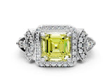 White gold Fancy Yellow Asscher Cut Halo Diamond Split Shank Engagement Ring with Four-Prong Setting
