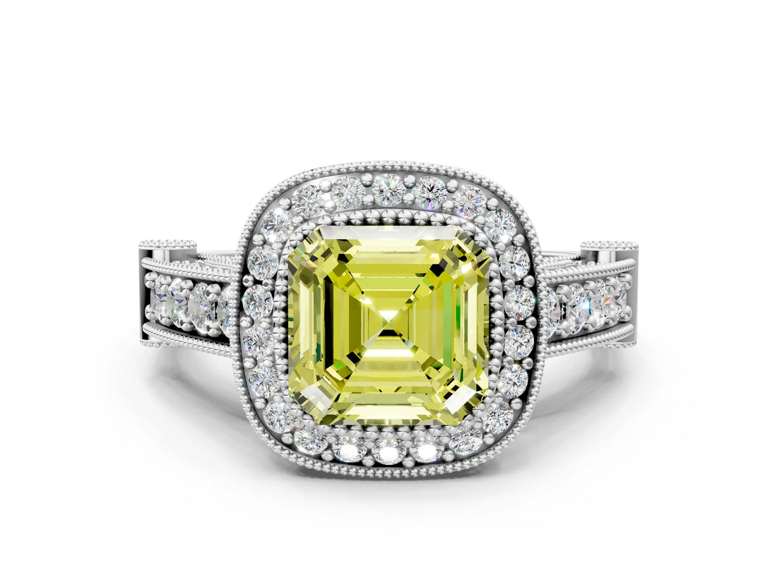 White gold Fancy Yellow Asscher Cut Halo Diamond Split Shank Pave Ring