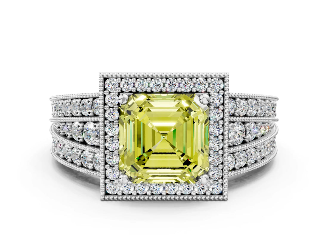 White gold Fancy Yellow Asscher Cut Halo Diamond Split Shank Ring with Prong Setting
