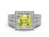 White gold Fancy Yellow Asscher Cut Halo Diamond Split Shank Ring with Prong Setting