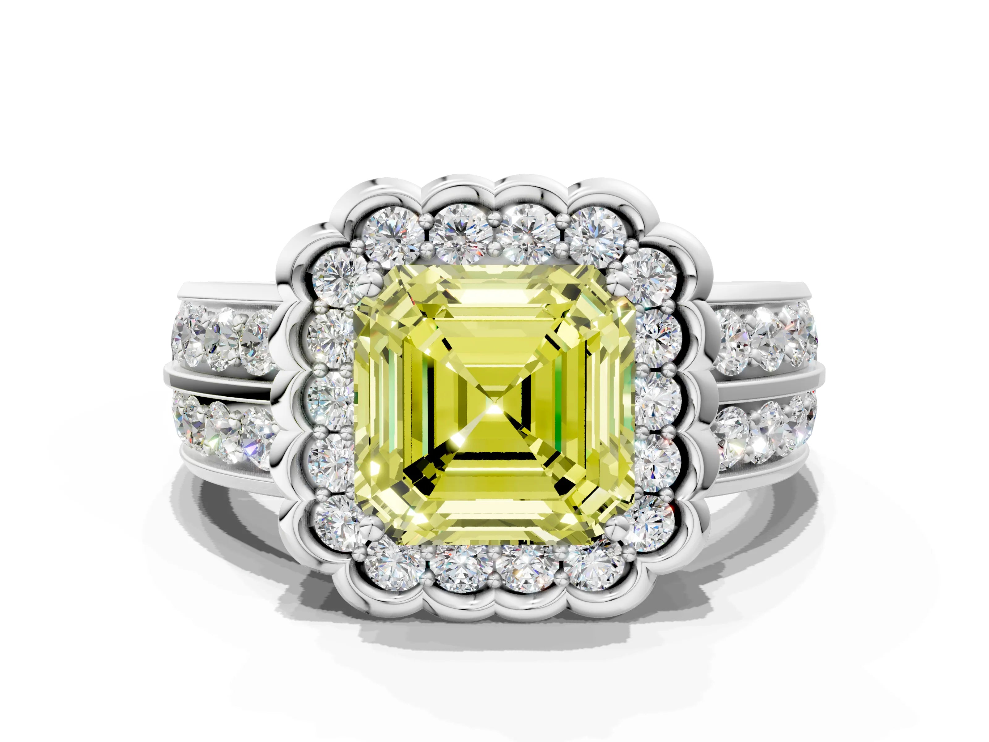 White gold Fancy Yellow Asscher Cut Halo Diamond Split Shank Ring with Scalloped Prong Setting_12