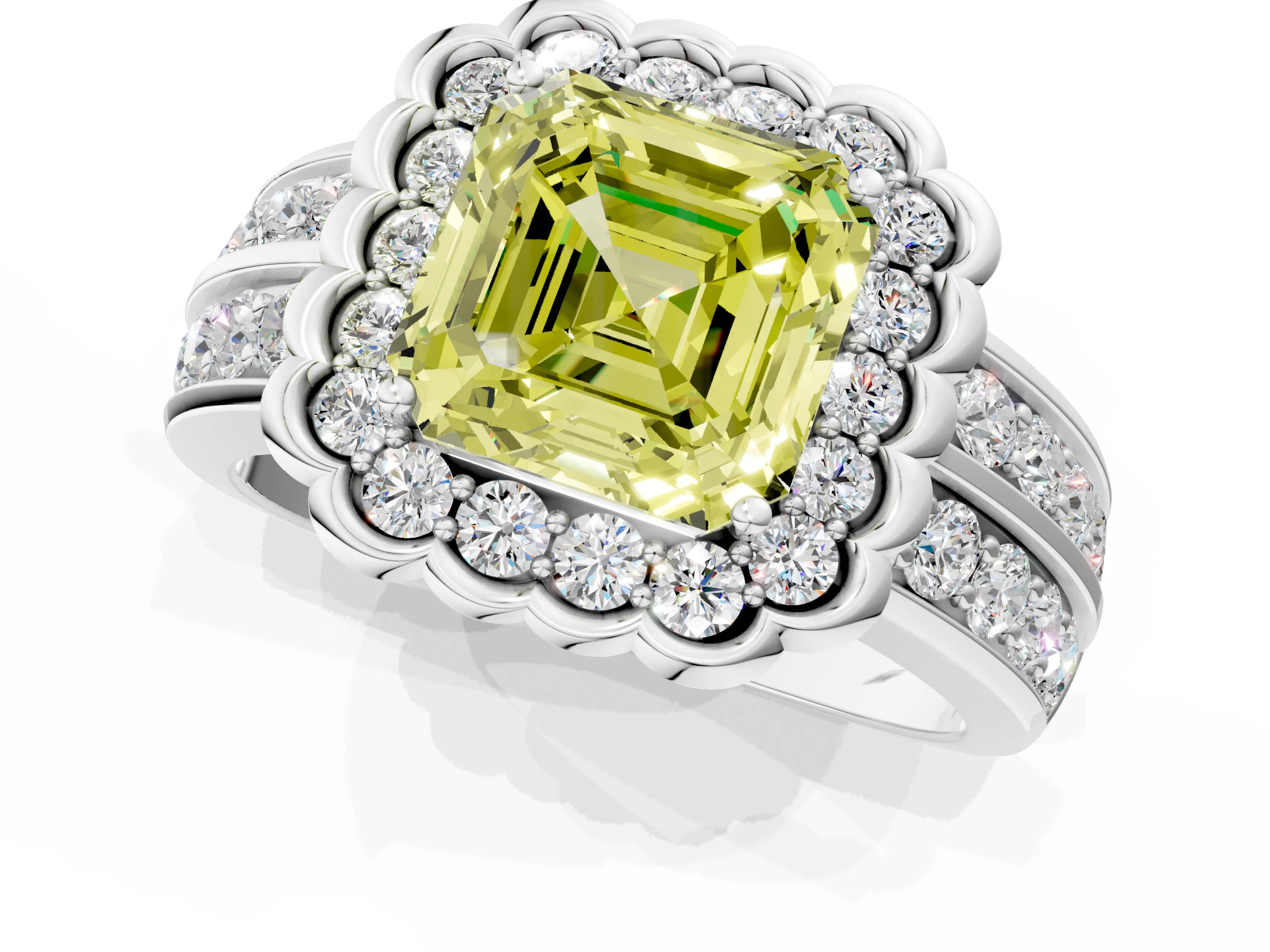 White gold Fancy Yellow Asscher Cut Halo Diamond Split Shank Ring with Scalloped Prong Setting_13