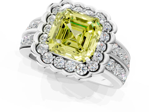 White gold Fancy Yellow Asscher Cut Halo Diamond Split Shank Ring with Scalloped Prong Setting_13