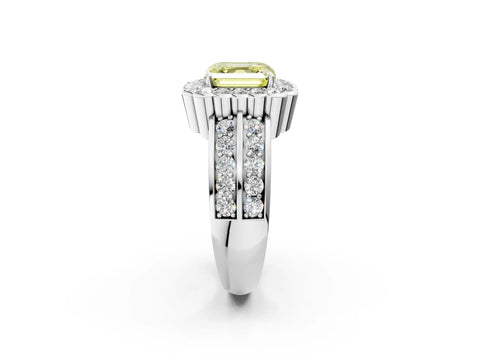 White gold Fancy Yellow Asscher Cut Halo Diamond Split Shank Ring with Scalloped Prong Setting_14