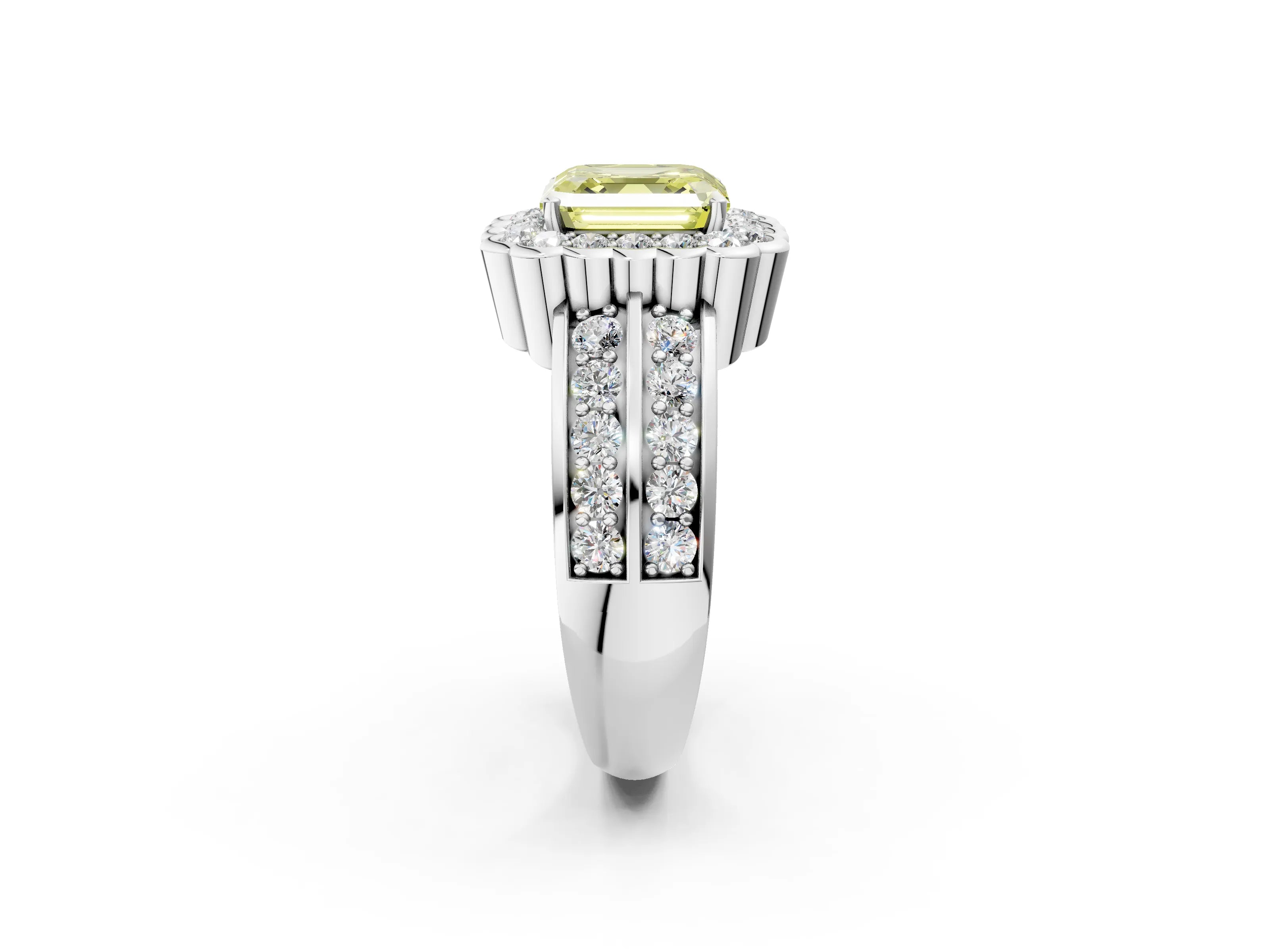 White gold Fancy Yellow Asscher Cut Halo Diamond Split Shank Ring with Scalloped Prong Setting_14