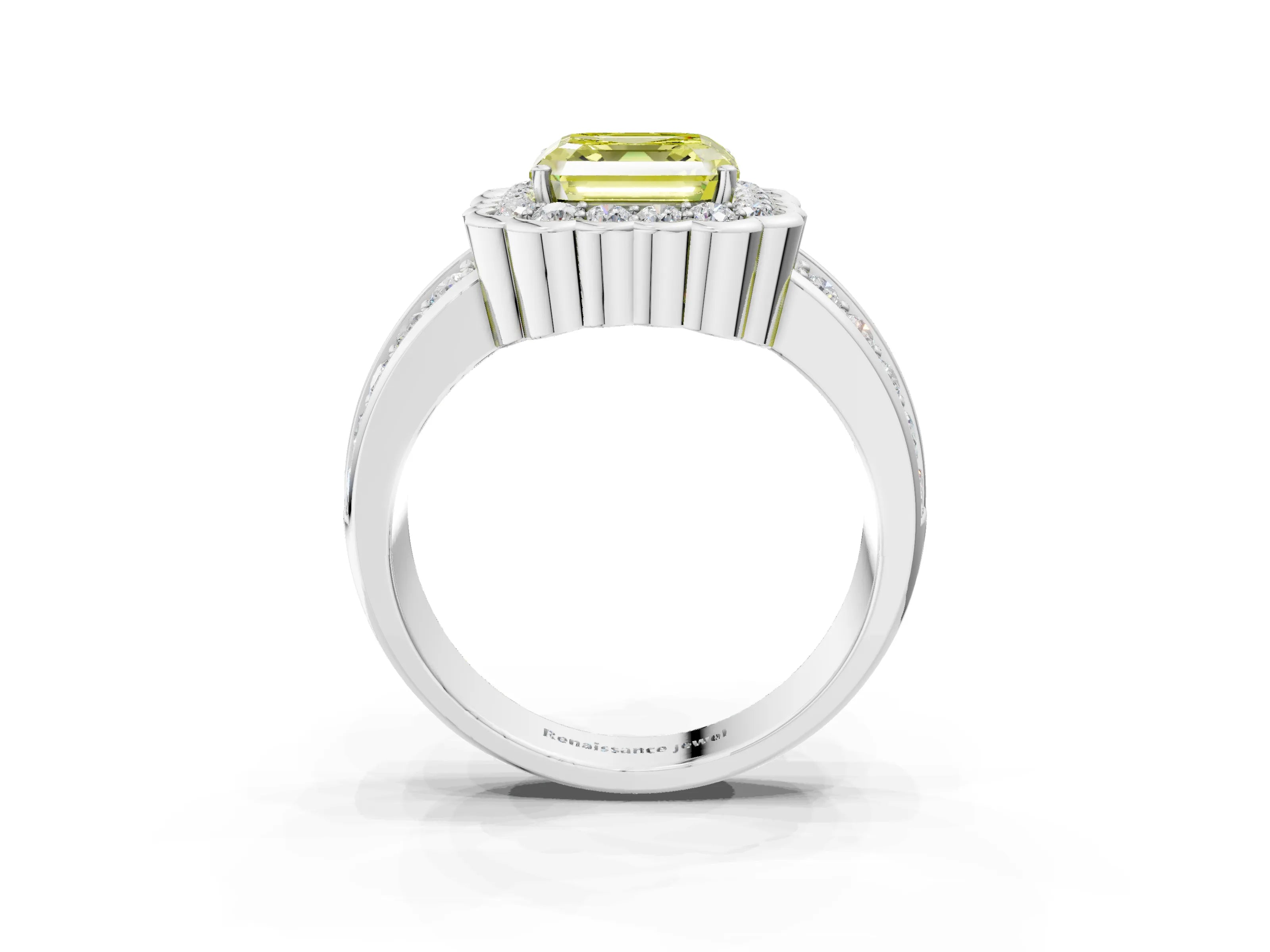 White gold Fancy Yellow Asscher Cut Halo Diamond Split Shank Ring with Scalloped Prong Setting_15