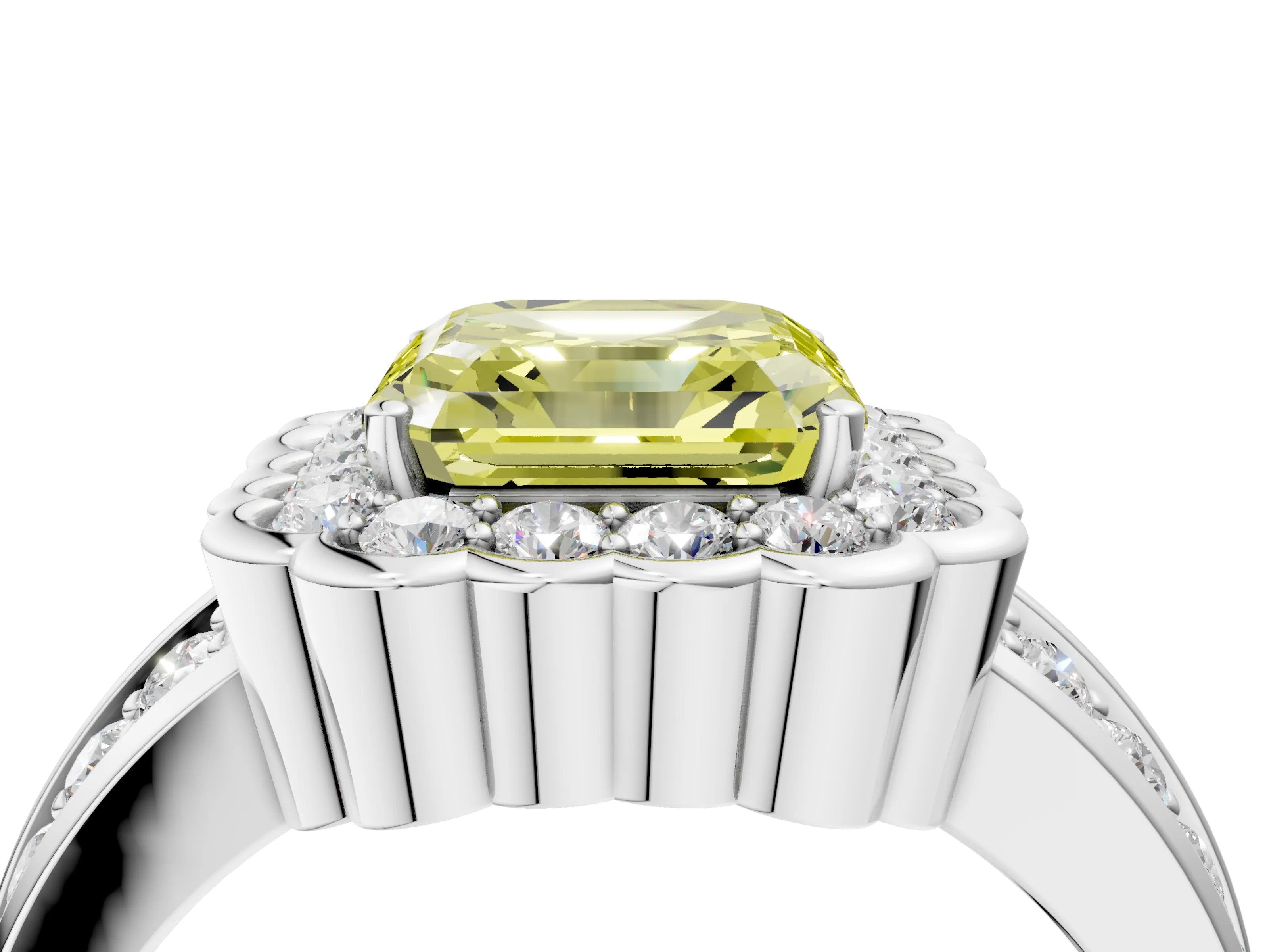 White gold Fancy Yellow Asscher Cut Halo Diamond Split Shank Ring with Scalloped Prong Setting_16