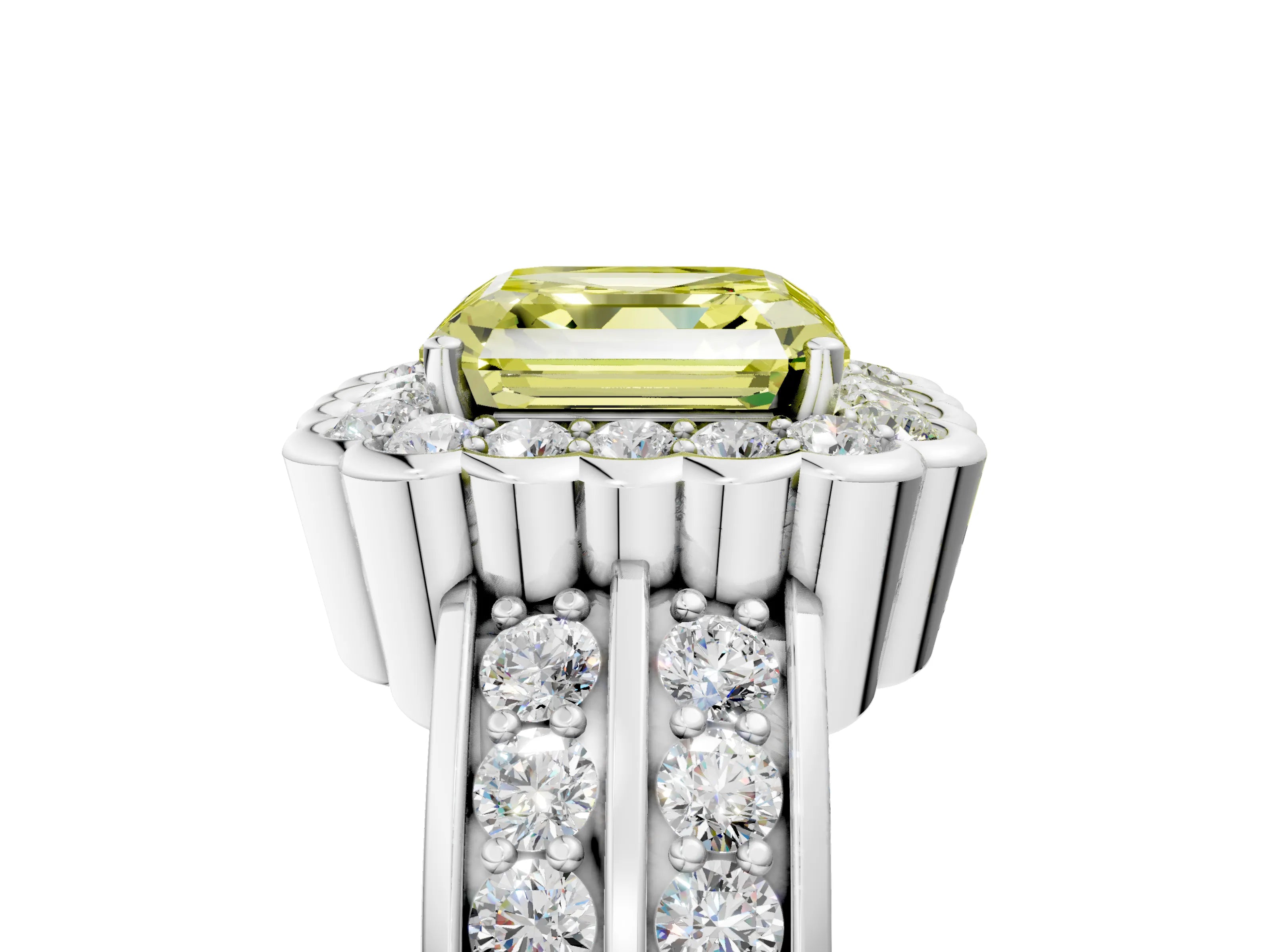 White gold Fancy Yellow Asscher Cut Halo Diamond Split Shank Ring with Scalloped Prong Setting_17