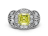 White gold Fancy Yellow Asscher Cut Halo Milgrain Diamond Engagement Ring with Leaf Band and Four-Prong Setting