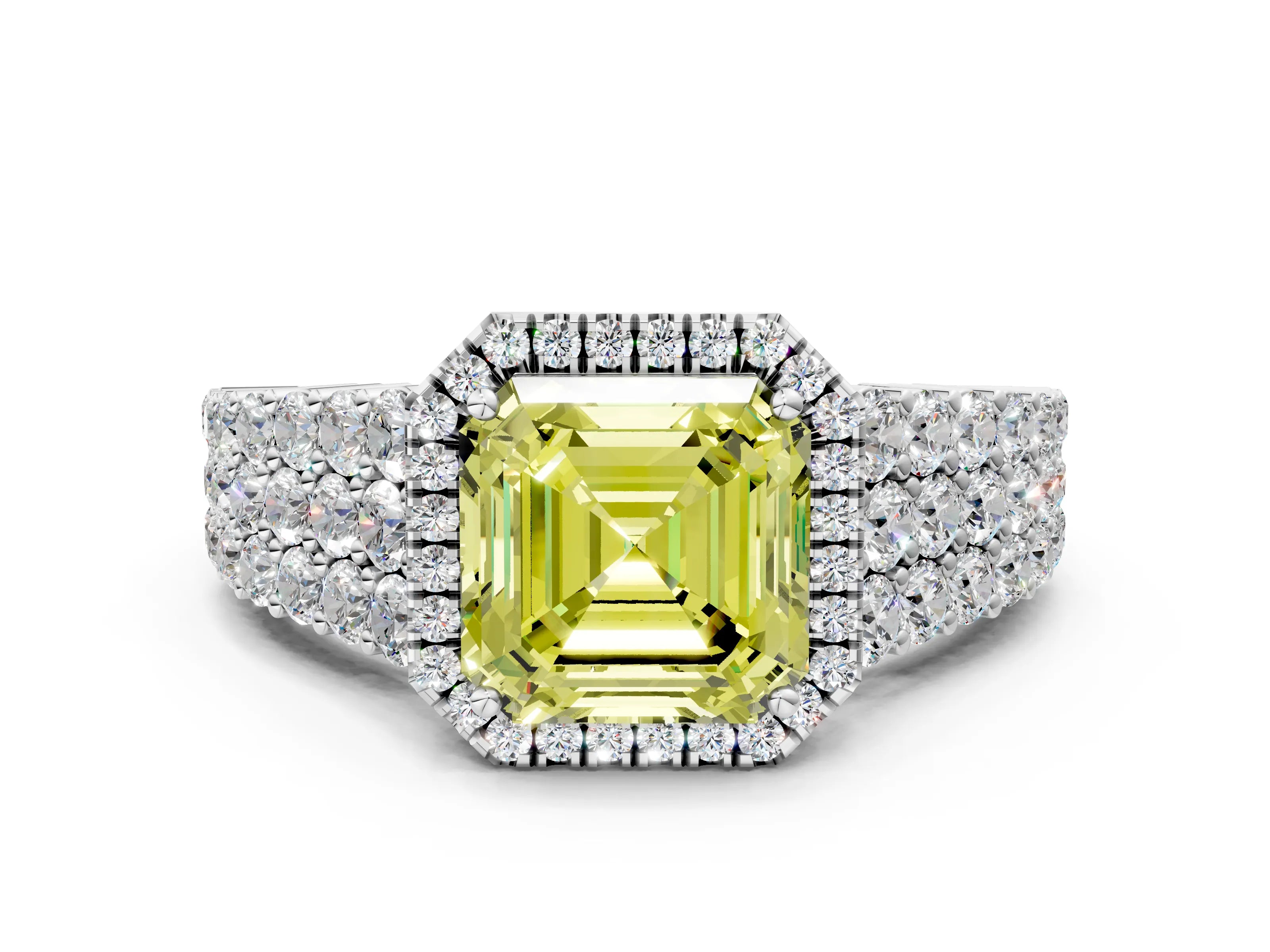 White gold Fancy Yellow Asscher Cut Halo Pavé Diamond Engagement Ring with Split Shank and Four-Prong Setting_3
