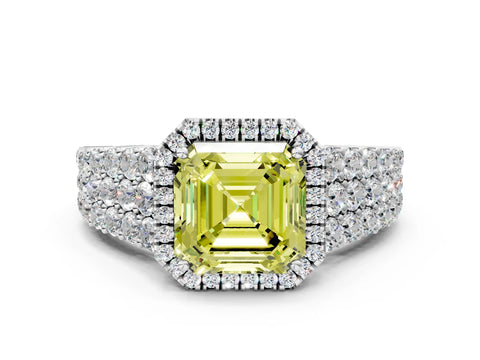 White gold Fancy Yellow Asscher Cut Halo Pavé Diamond Engagement Ring with Split Shank and Four-Prong Setting_3