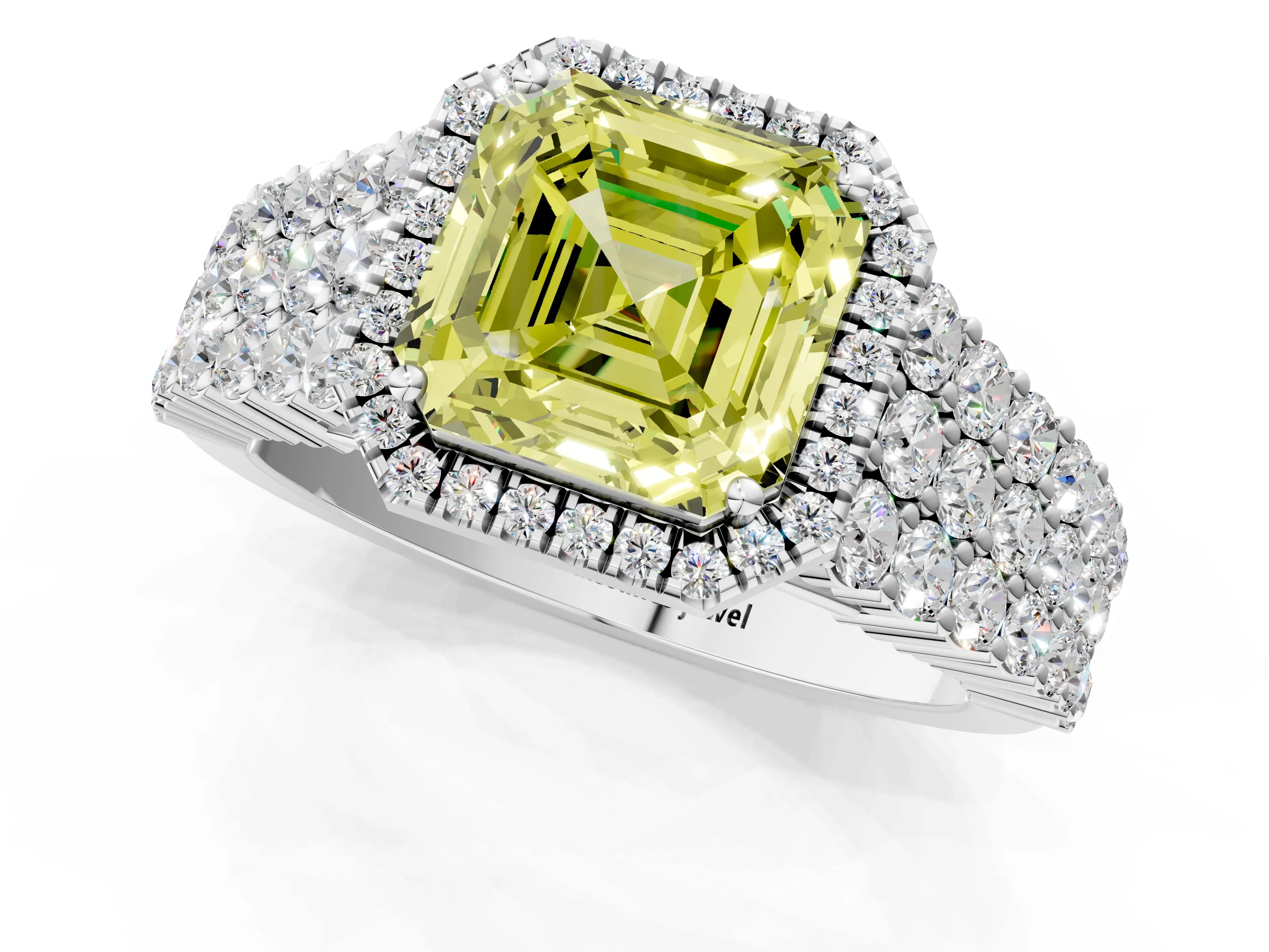 White gold Fancy Yellow Asscher Cut Halo Pavé Diamond Engagement Ring with Split Shank and Four-Prong Setting_4