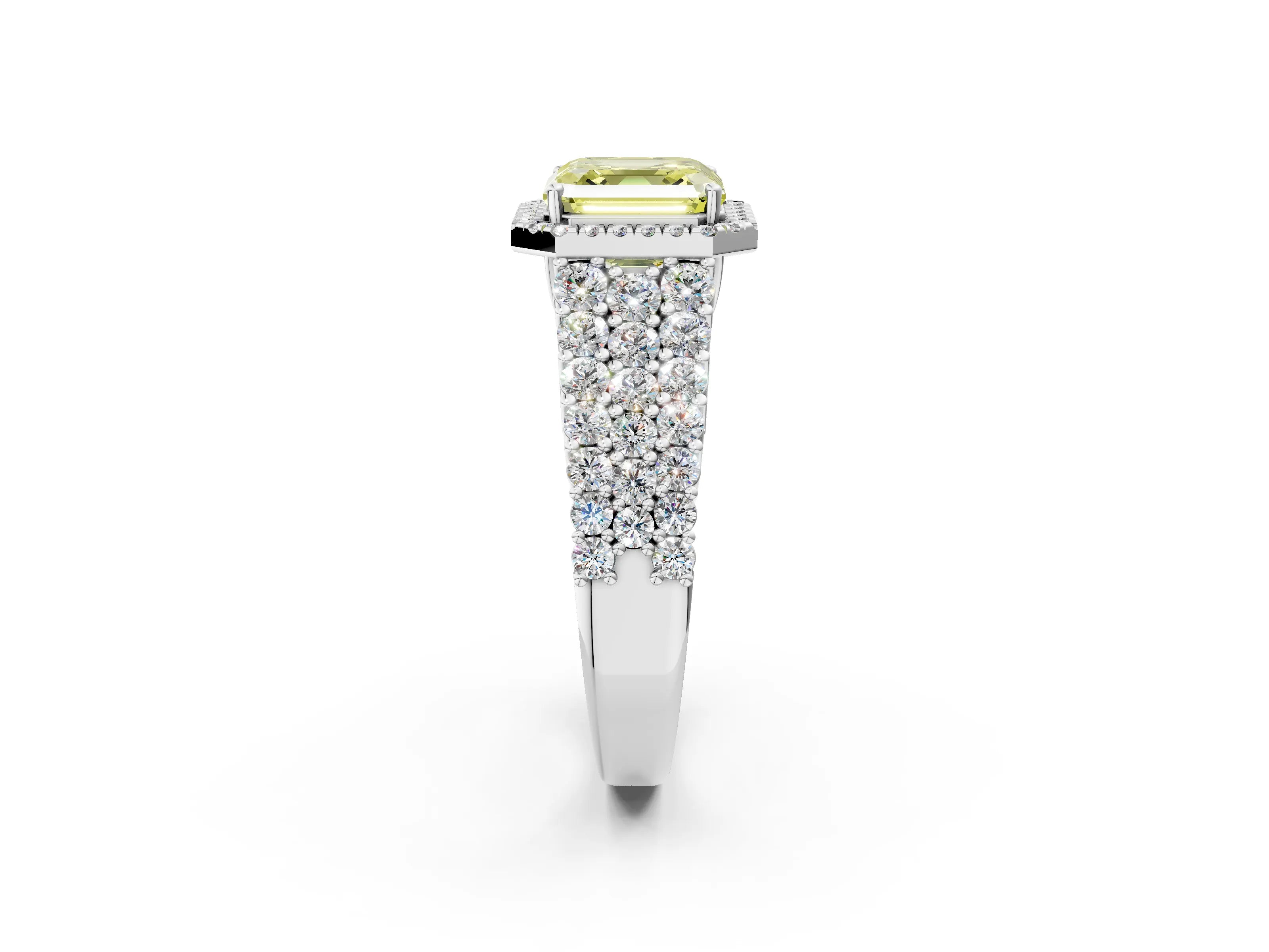 White gold Fancy Yellow Asscher Cut Halo Pavé Diamond Engagement Ring with Split Shank and Four-Prong Setting_5