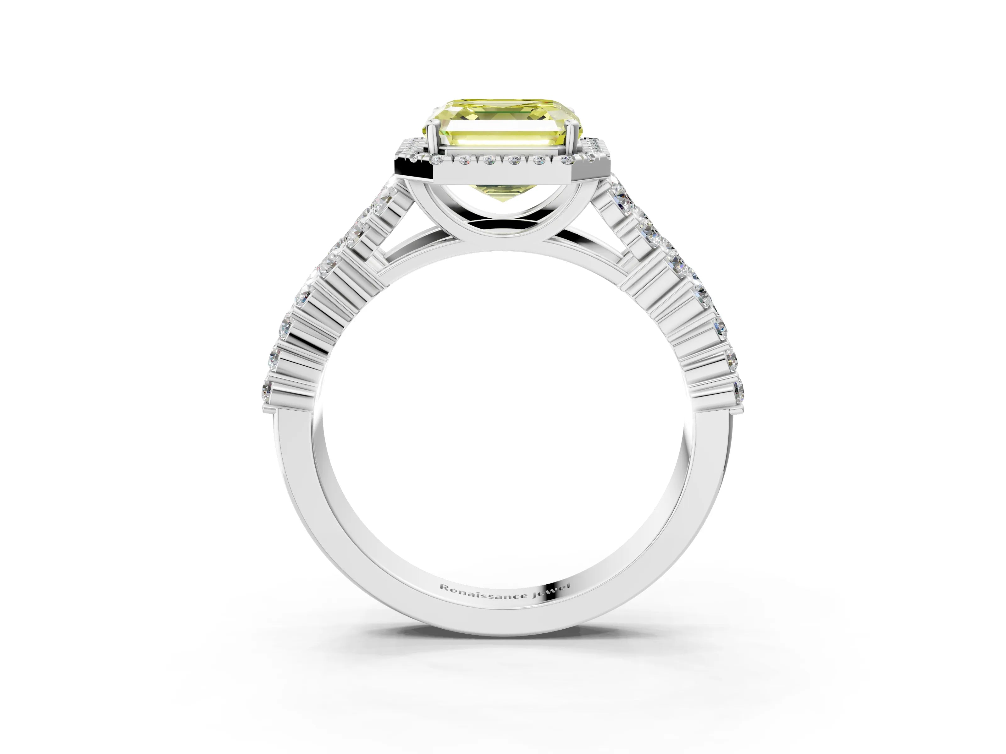 White gold Fancy Yellow Asscher Cut Halo Pavé Diamond Engagement Ring with Split Shank and Four-Prong Setting_6