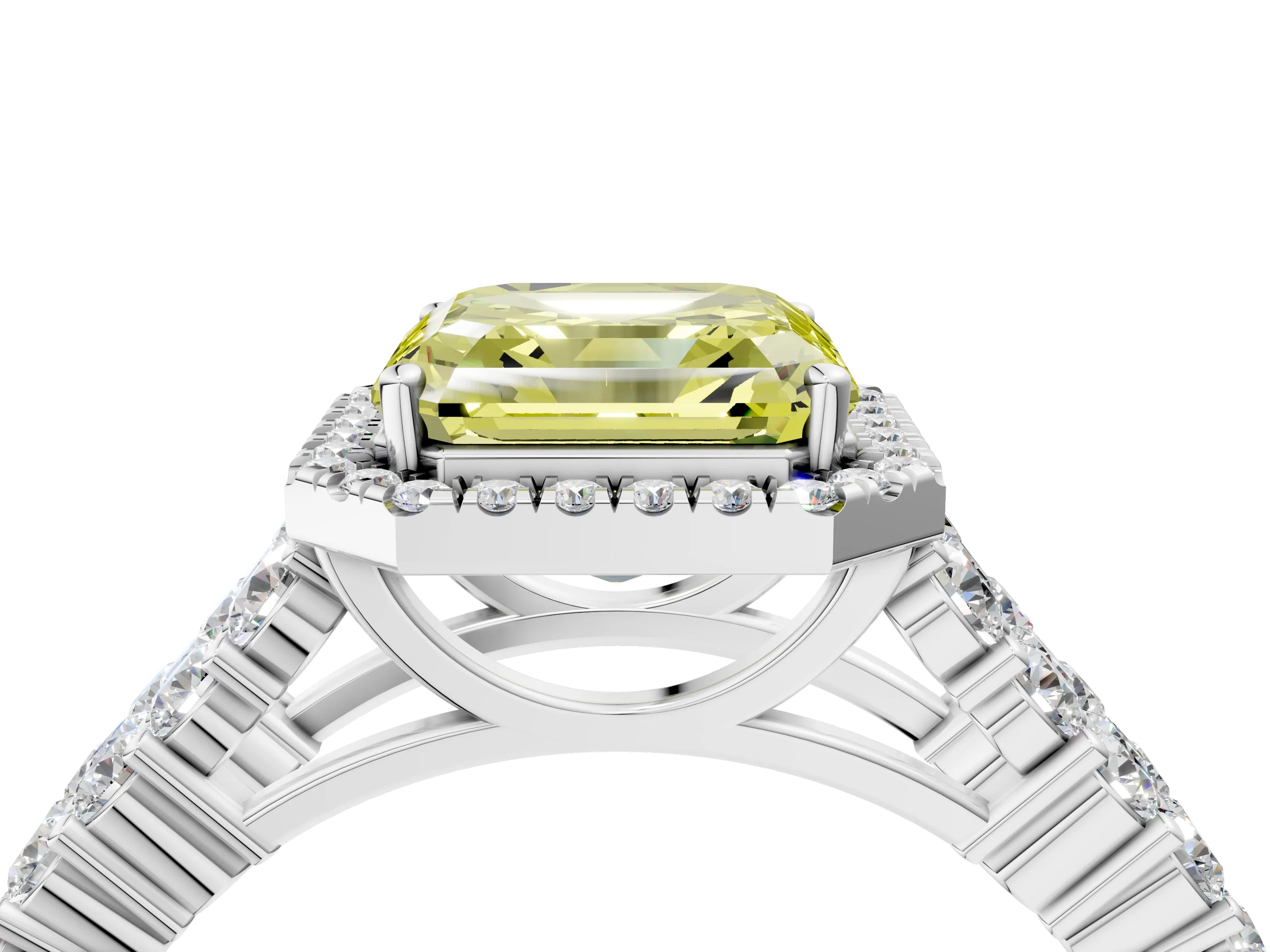 White gold Fancy Yellow Asscher Cut Halo Pavé Diamond Engagement Ring with Split Shank and Four-Prong Setting_7