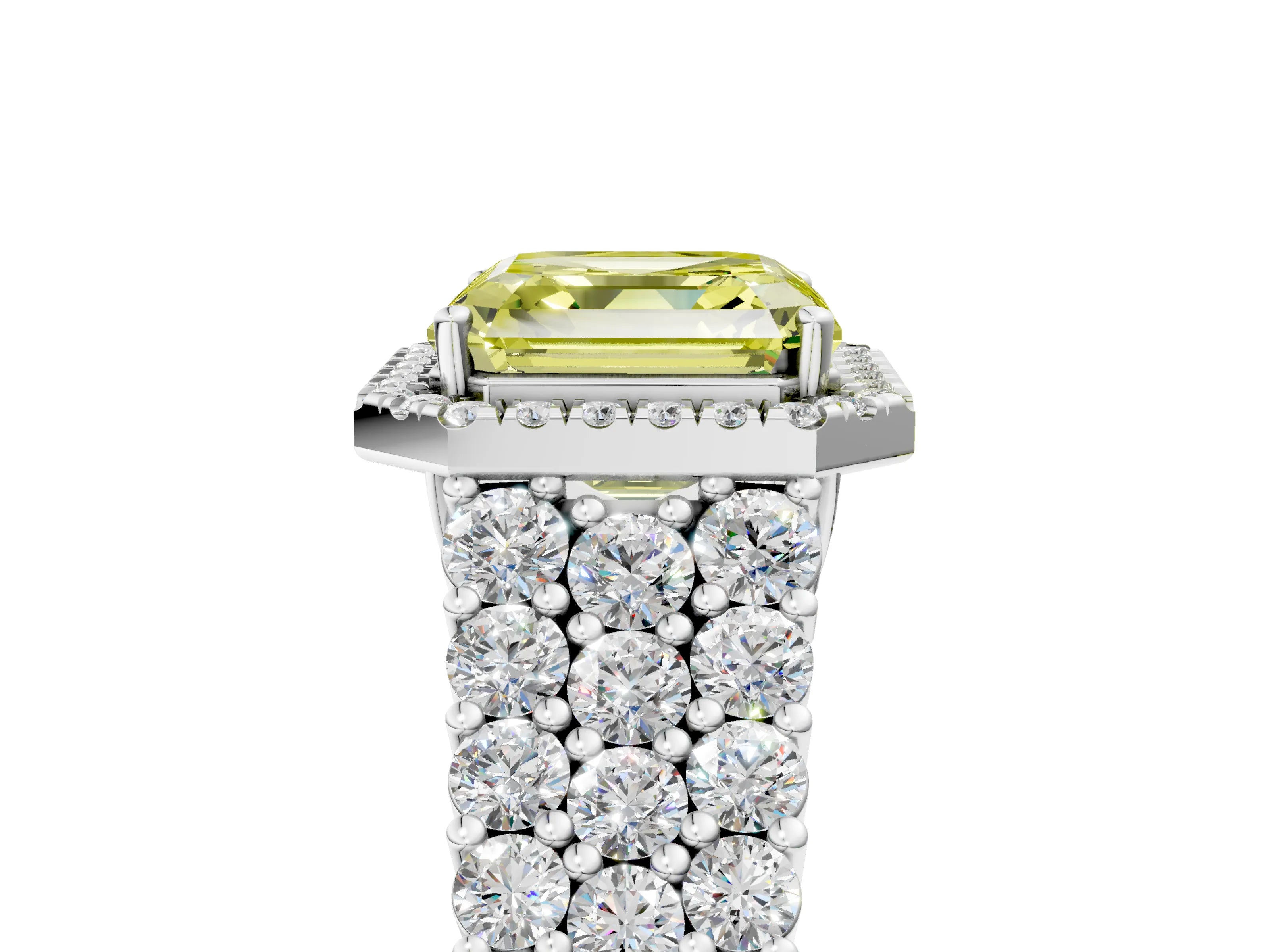 White gold Fancy Yellow Asscher Cut Halo Pavé Diamond Engagement Ring with Split Shank and Four-Prong Setting_8