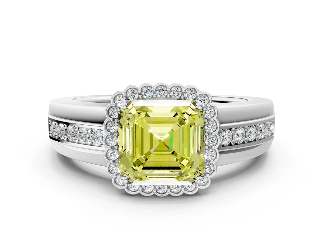 White gold Fancy Yellow Asscher  Cut Halo Pave Band Four-Prong Ring_52