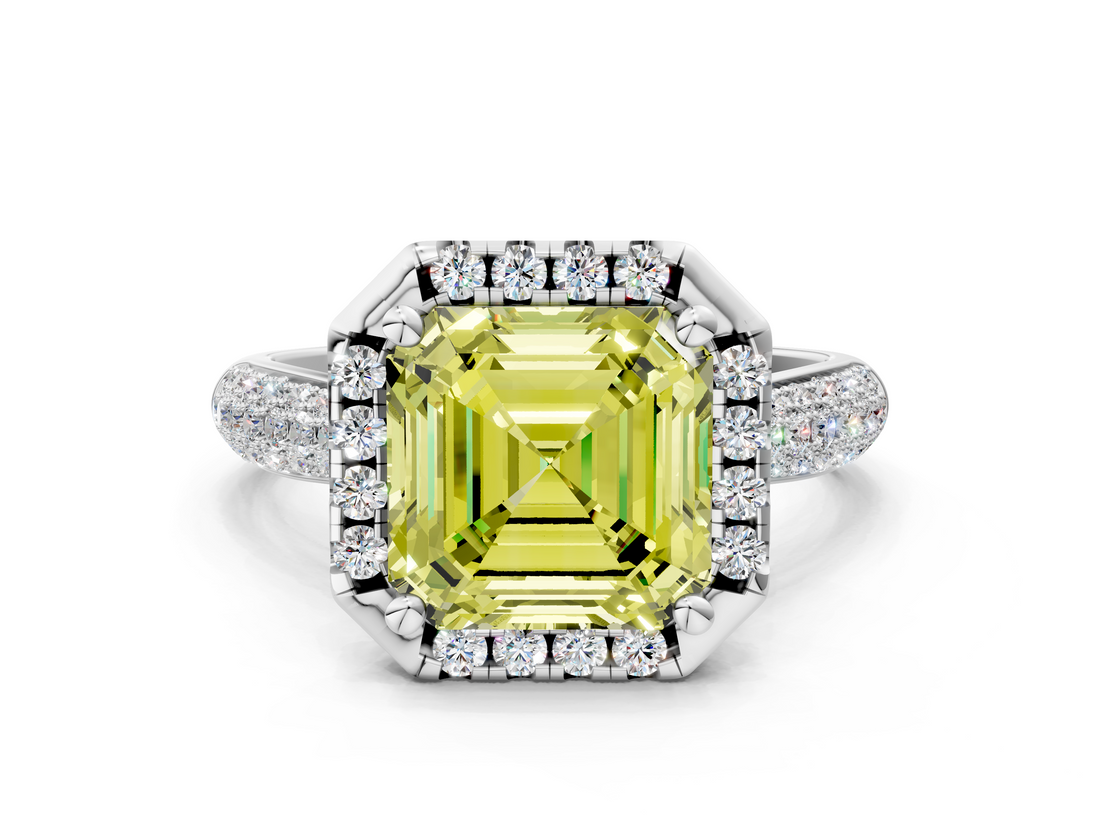 White gold Fancy Yellow Asscher  Cut Halo Pave Band Four-Prong Setting Ring