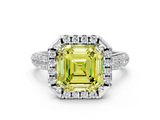 White gold Fancy Yellow Asscher  Cut Halo Pave Band Four-Prong Setting Ring