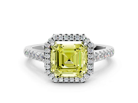 White gold Fancy Yellow Asscher Cut Halo Pave Diamond Engagement Ring with Four-Prong Setting_24
