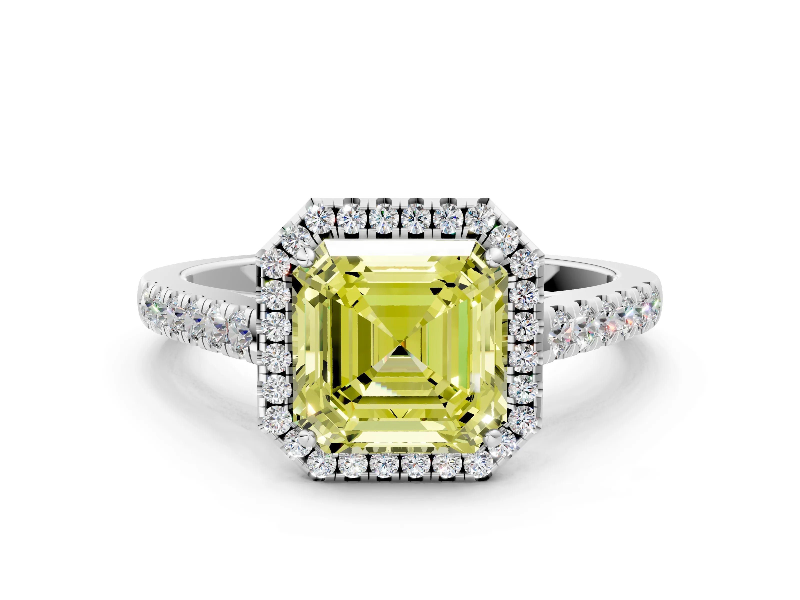 White gold Fancy Yellow Asscher Cut Halo Pave Diamond Engagement Ring with Four-Prong Setting_24