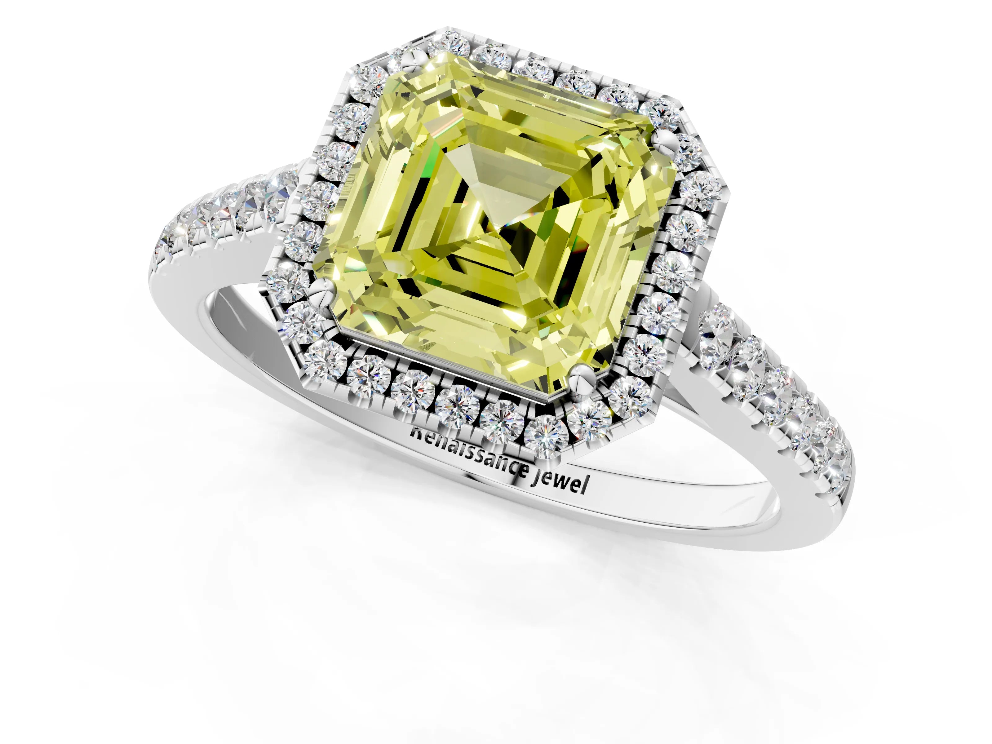 White gold Fancy Yellow Asscher Cut Halo Pave Diamond Engagement Ring with Four-Prong Setting_25