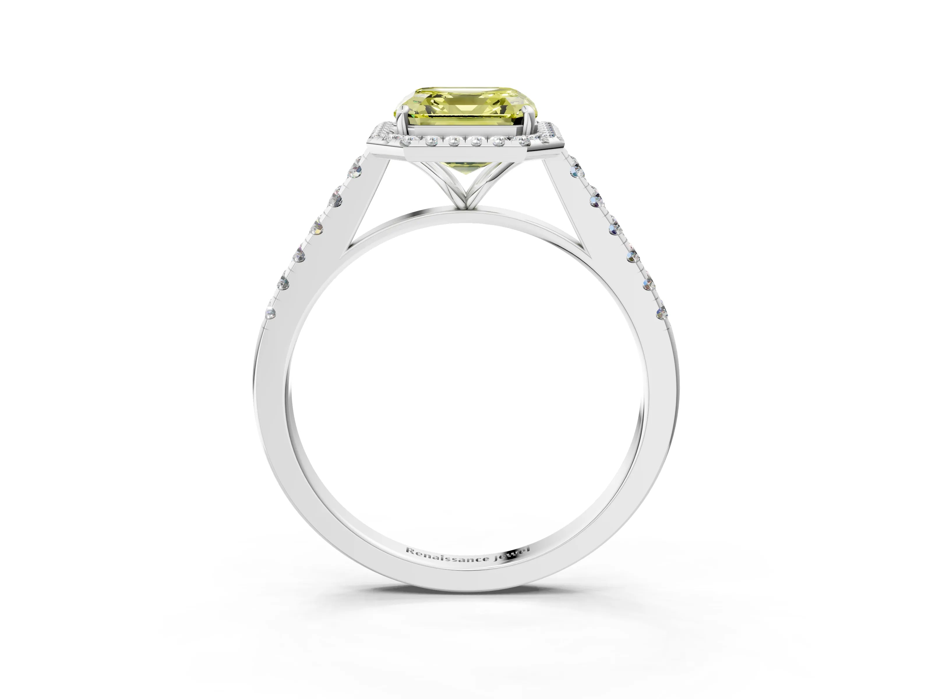 White gold Fancy Yellow Asscher Cut Halo Pave Diamond Engagement Ring with Four-Prong Setting_27
