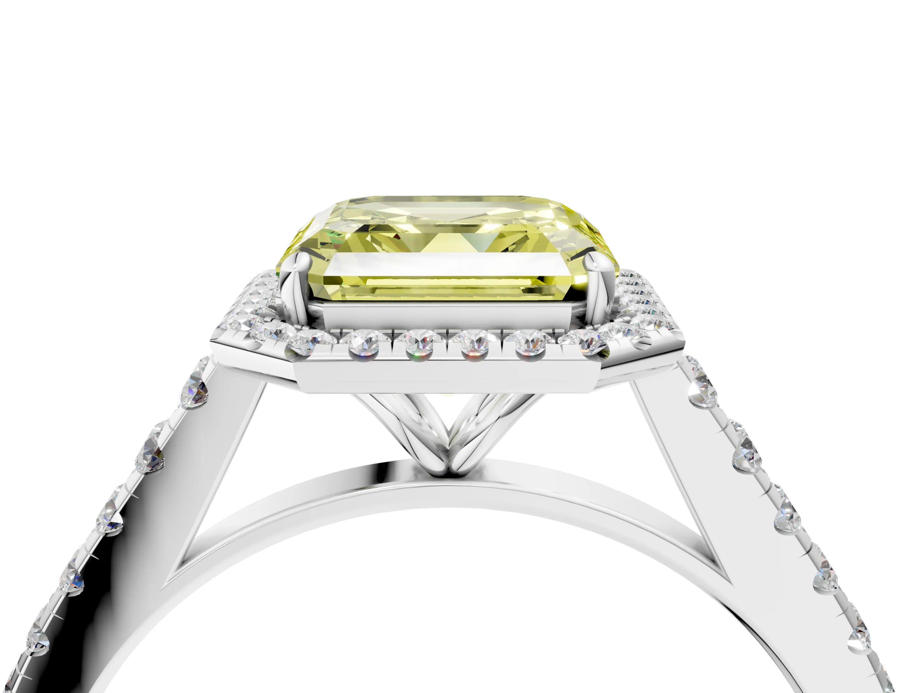 White gold Fancy Yellow Asscher Cut Halo Pave Diamond Engagement Ring with Four-Prong Setting_28