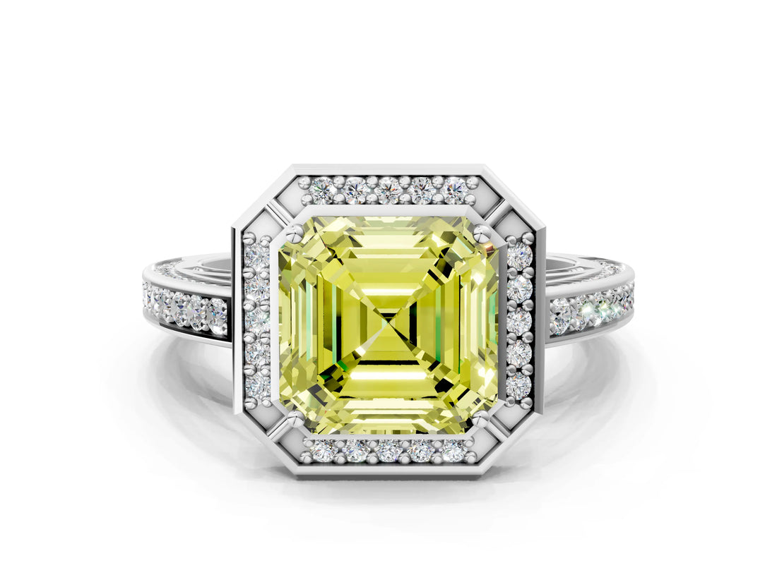 White gold Fancy Yellow Asscher  Cut Halo Pave Split Shank Prong Setting Ring_49