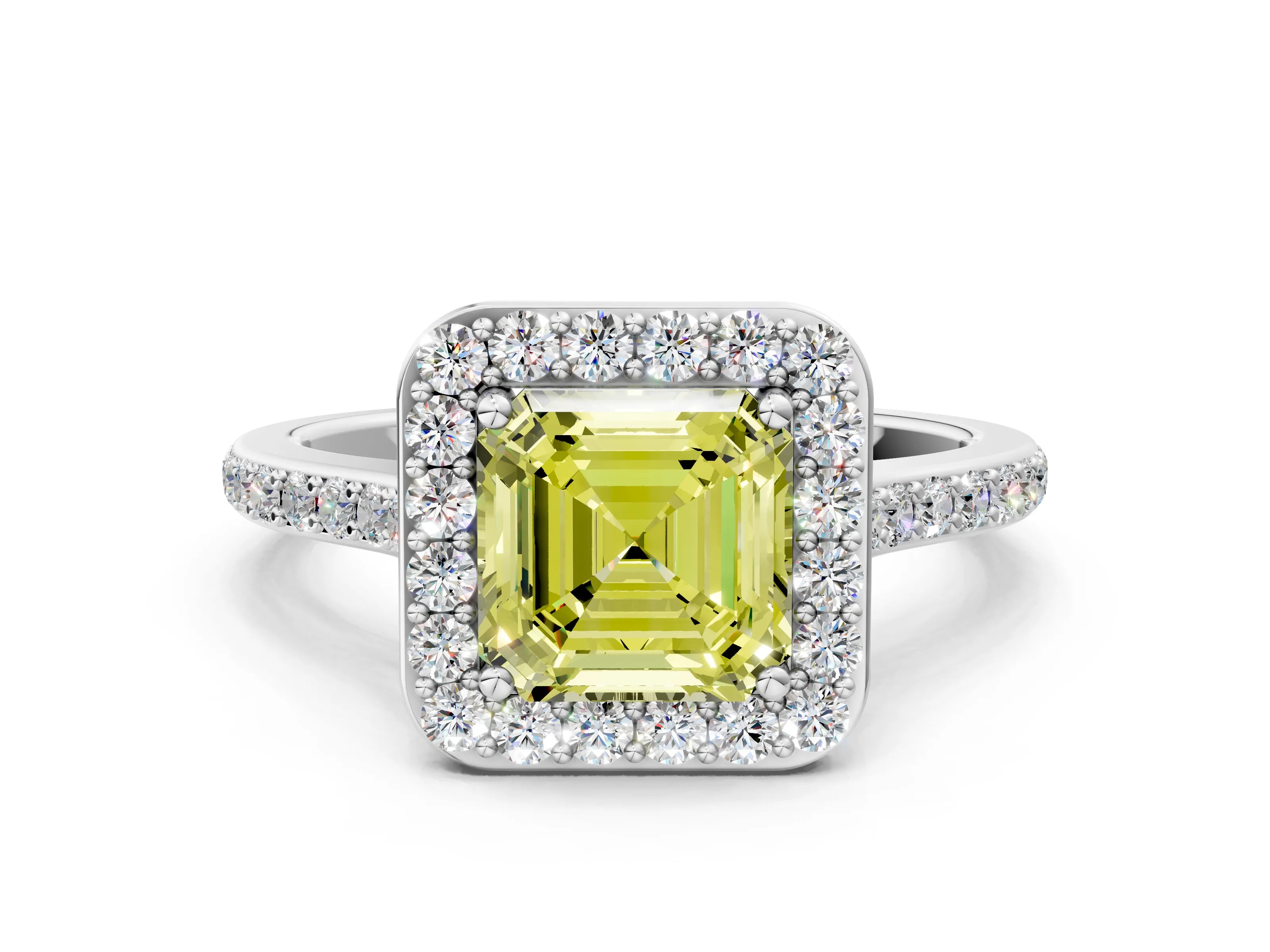 White gold Fancy Yellow Asscher Cut Halo Round Diamond Pavé Band with Four-Prong Setting_15
