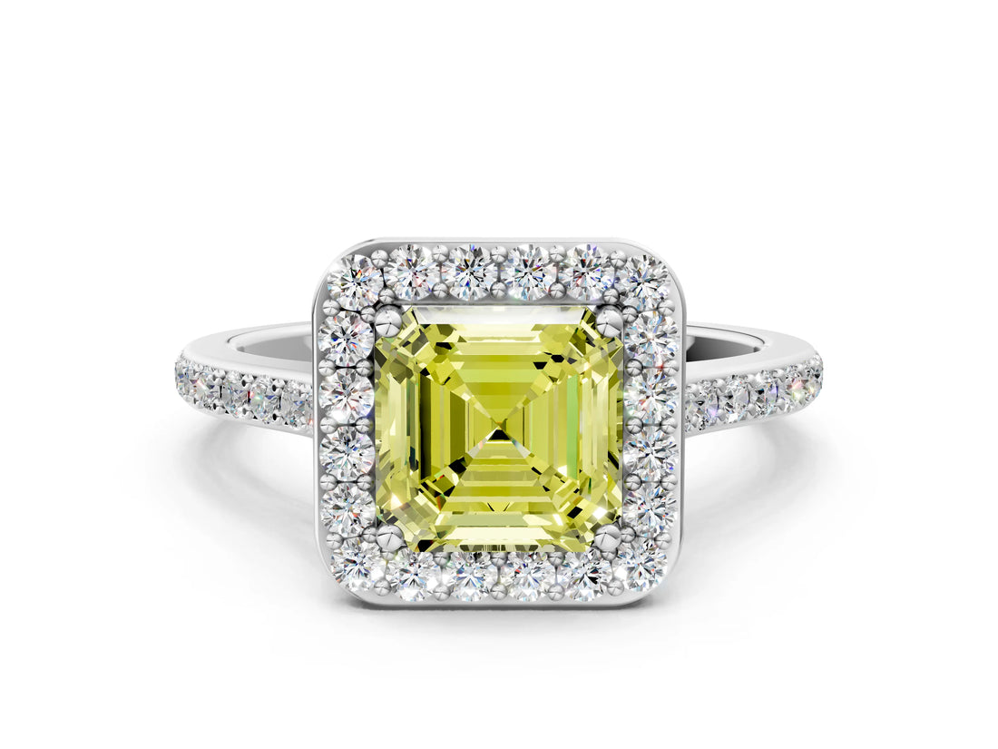 White gold Fancy Yellow Asscher Cut Halo Round Diamond Pavé Band with Four-Prong Setting_15