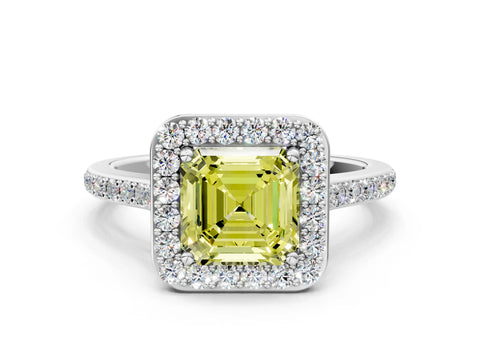 White gold Fancy Yellow Asscher Cut Halo Round Diamond Pavé Band with Four-Prong Setting_15