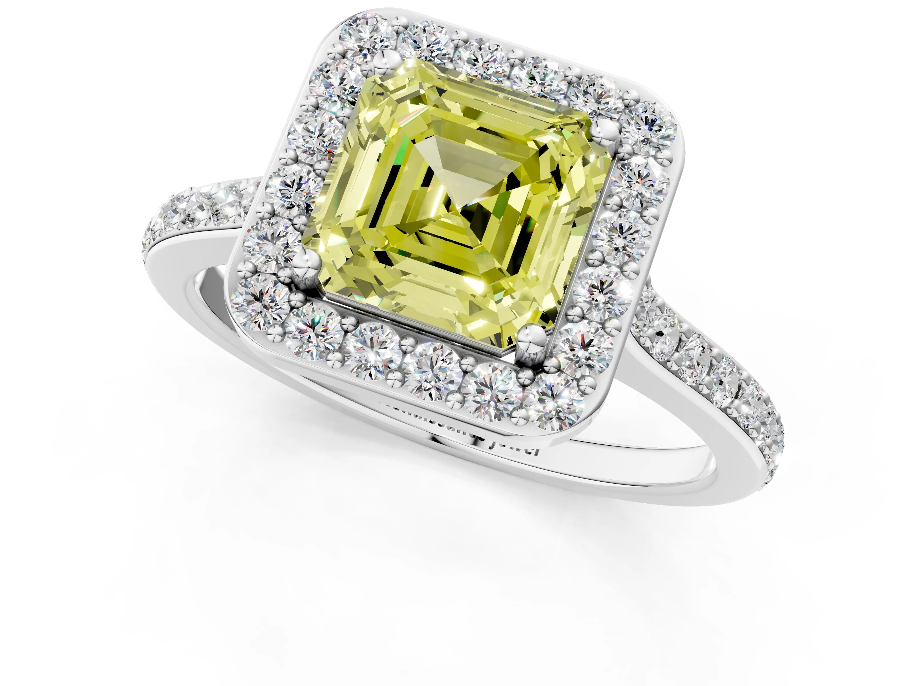 White gold Fancy Yellow Asscher Cut Halo Round Diamond Pavé Band with Four-Prong Setting_16