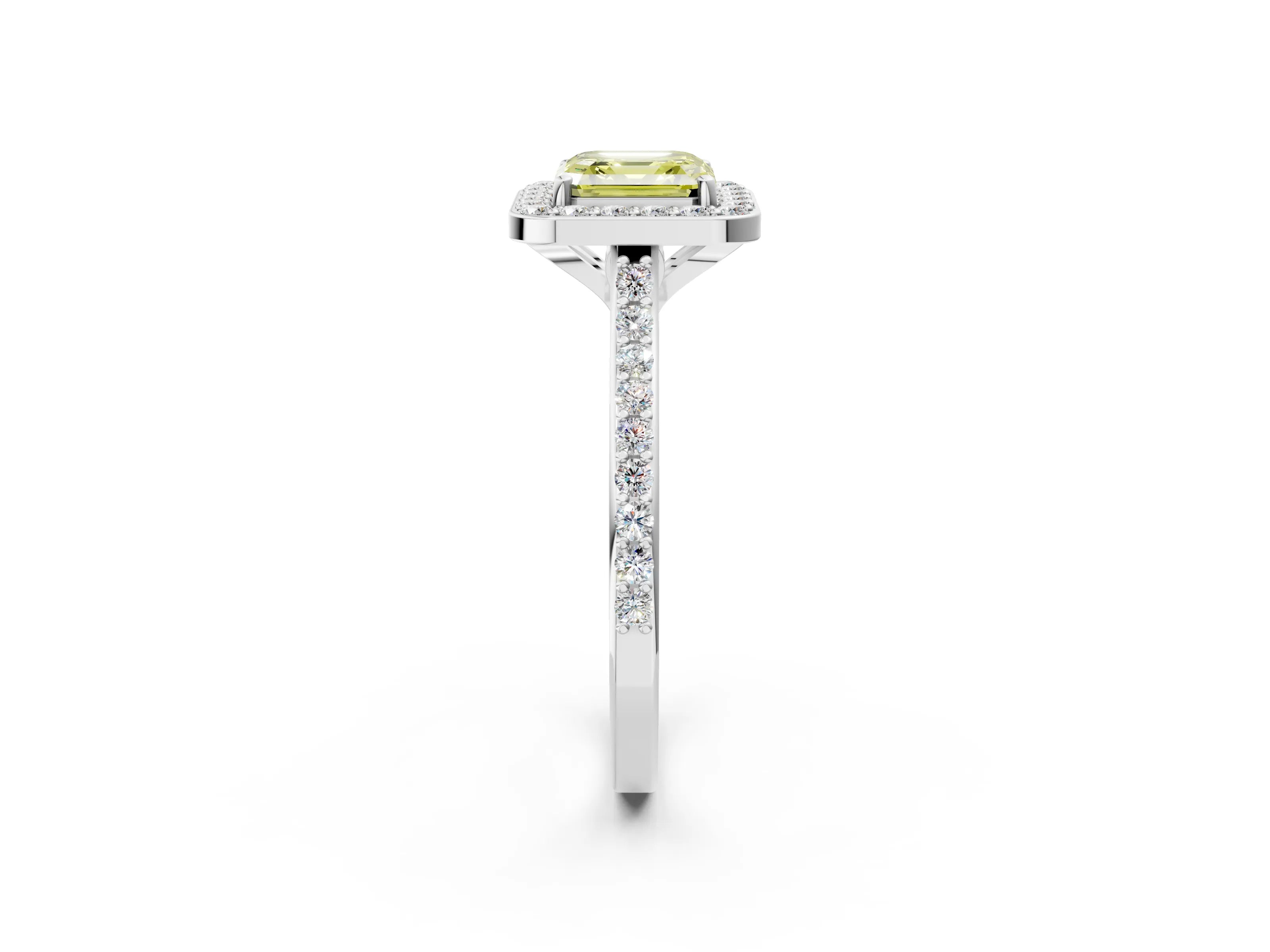 White gold Fancy Yellow Asscher Cut Halo Round Diamond Pavé Band with Four-Prong Setting_17