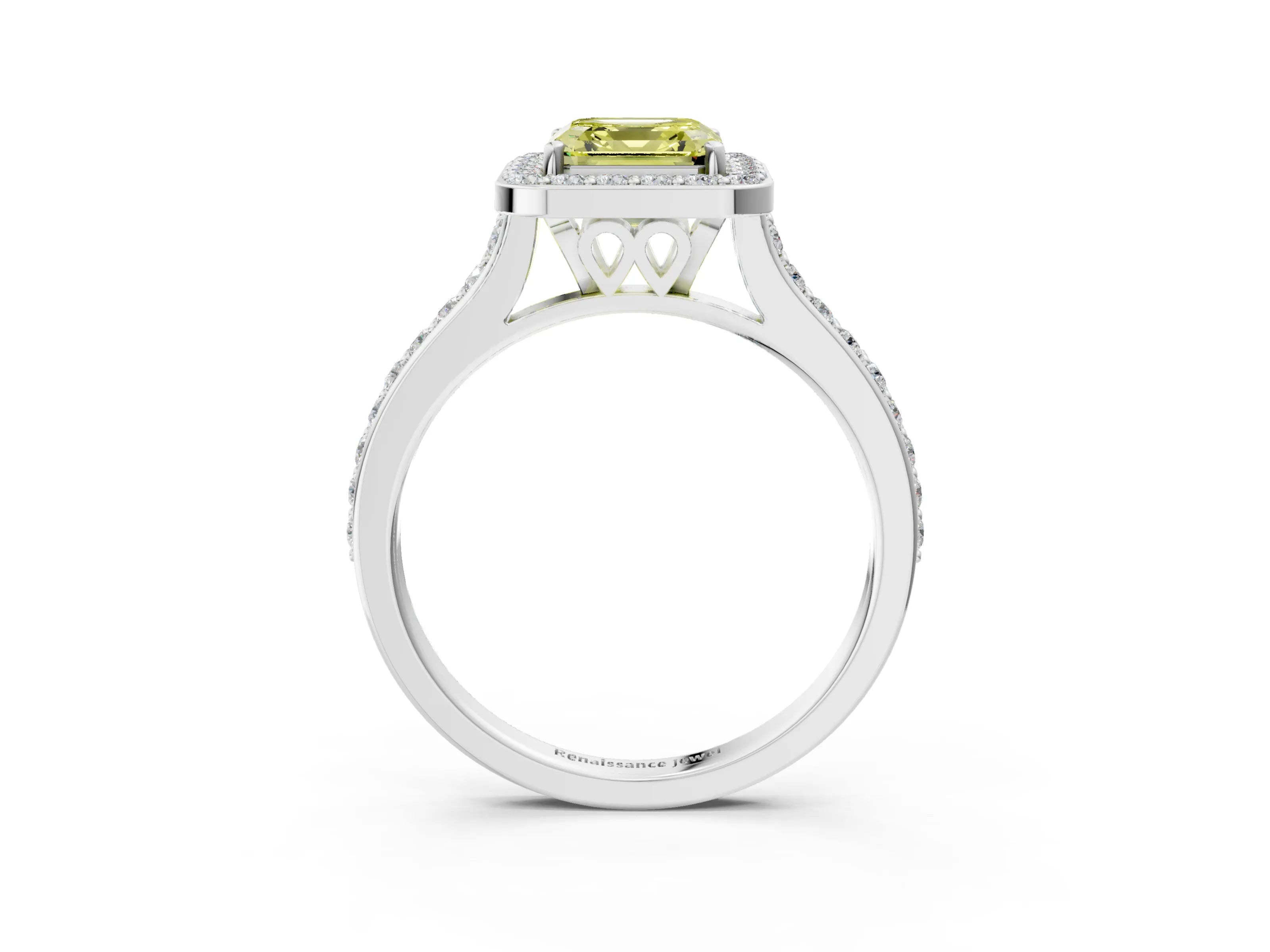 White gold Fancy Yellow Asscher Cut Halo Round Diamond Pavé Band with Four-Prong Setting_18