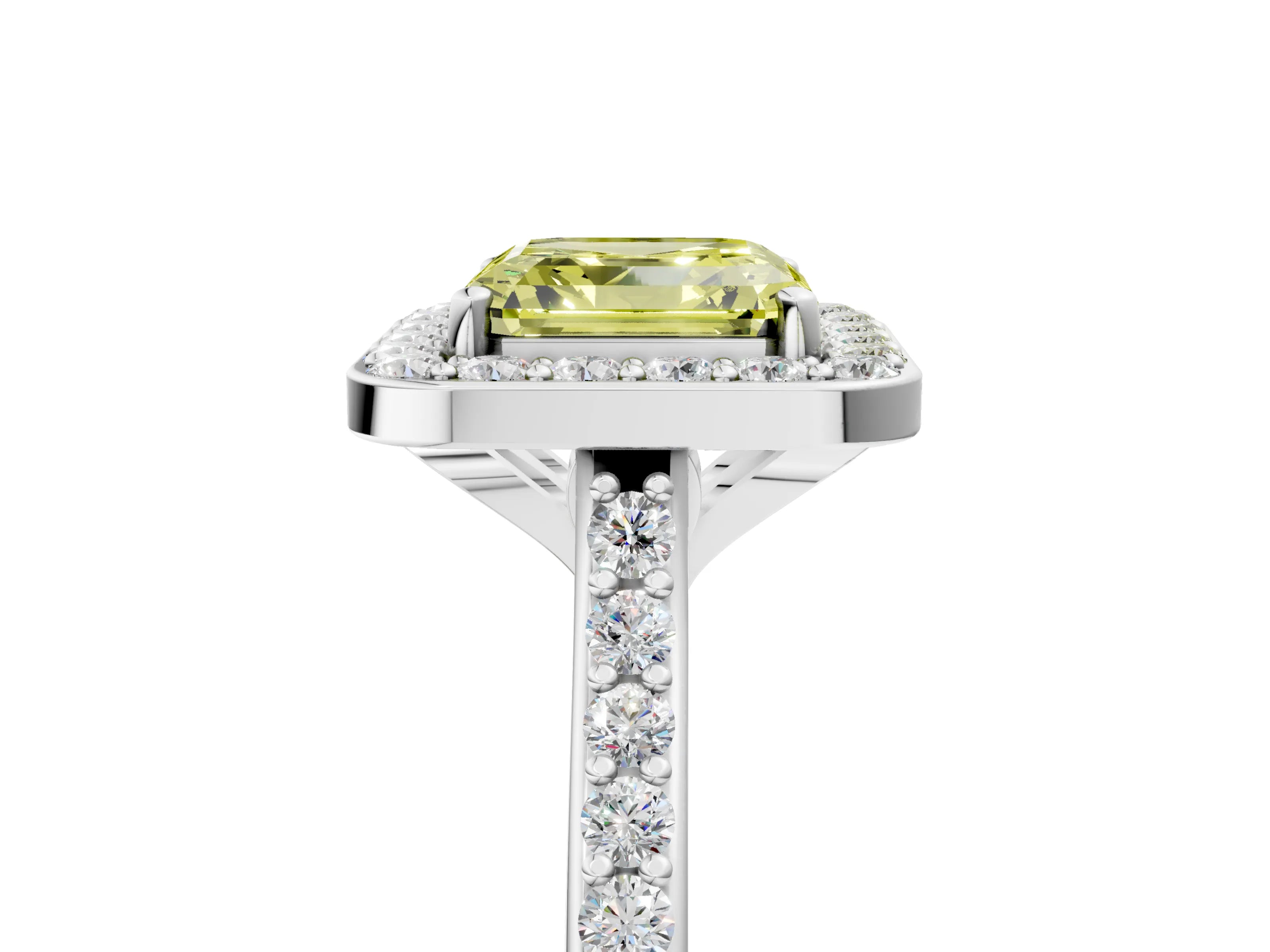 White gold Fancy Yellow Asscher Cut Halo Round Diamond Pavé Band with Four-Prong Setting_20